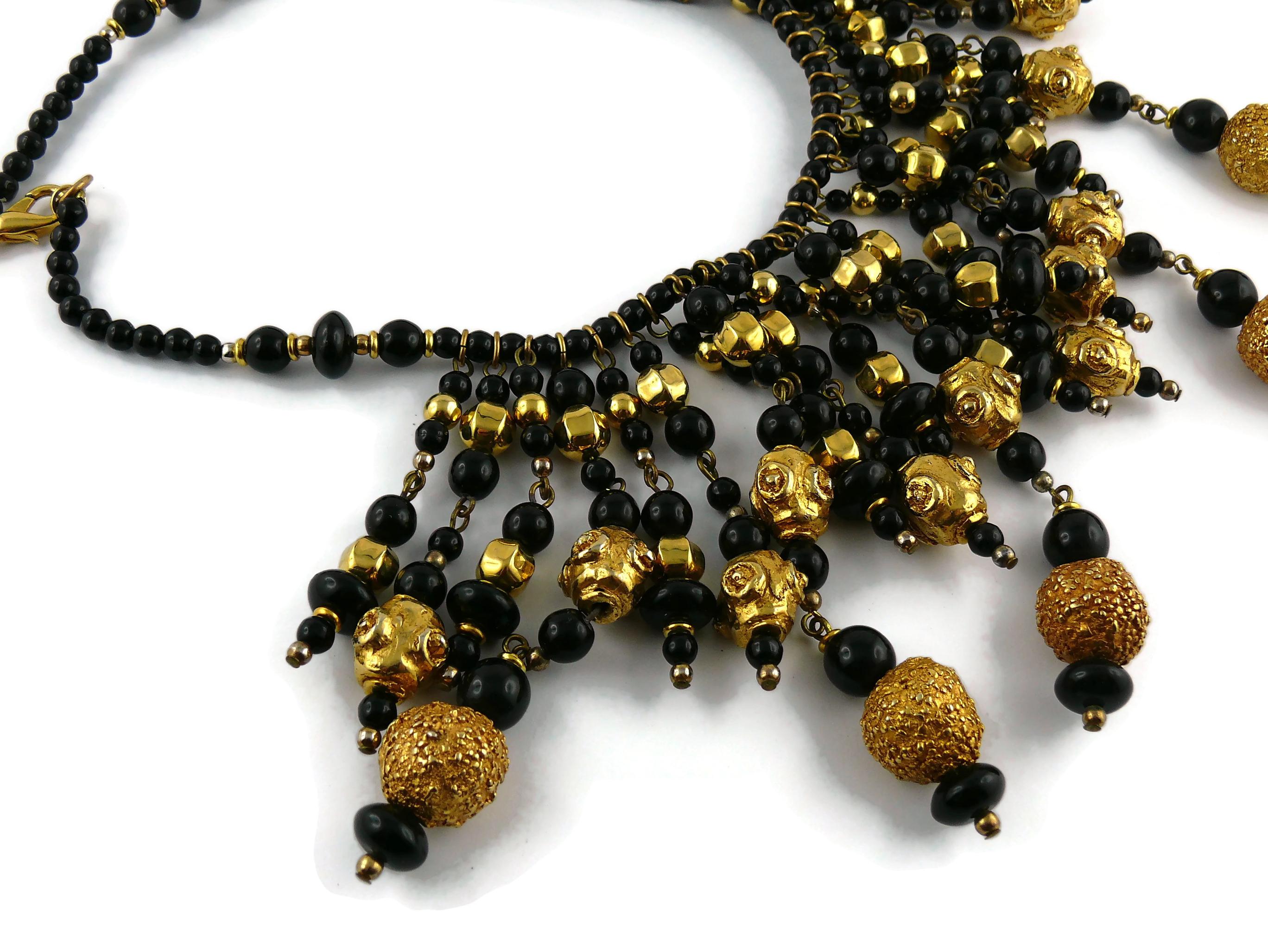 Christian Lacroix Vintage Runway Black Glass Beads Gold Toned Balls Bib Necklace In Good Condition For Sale In Nice, FR