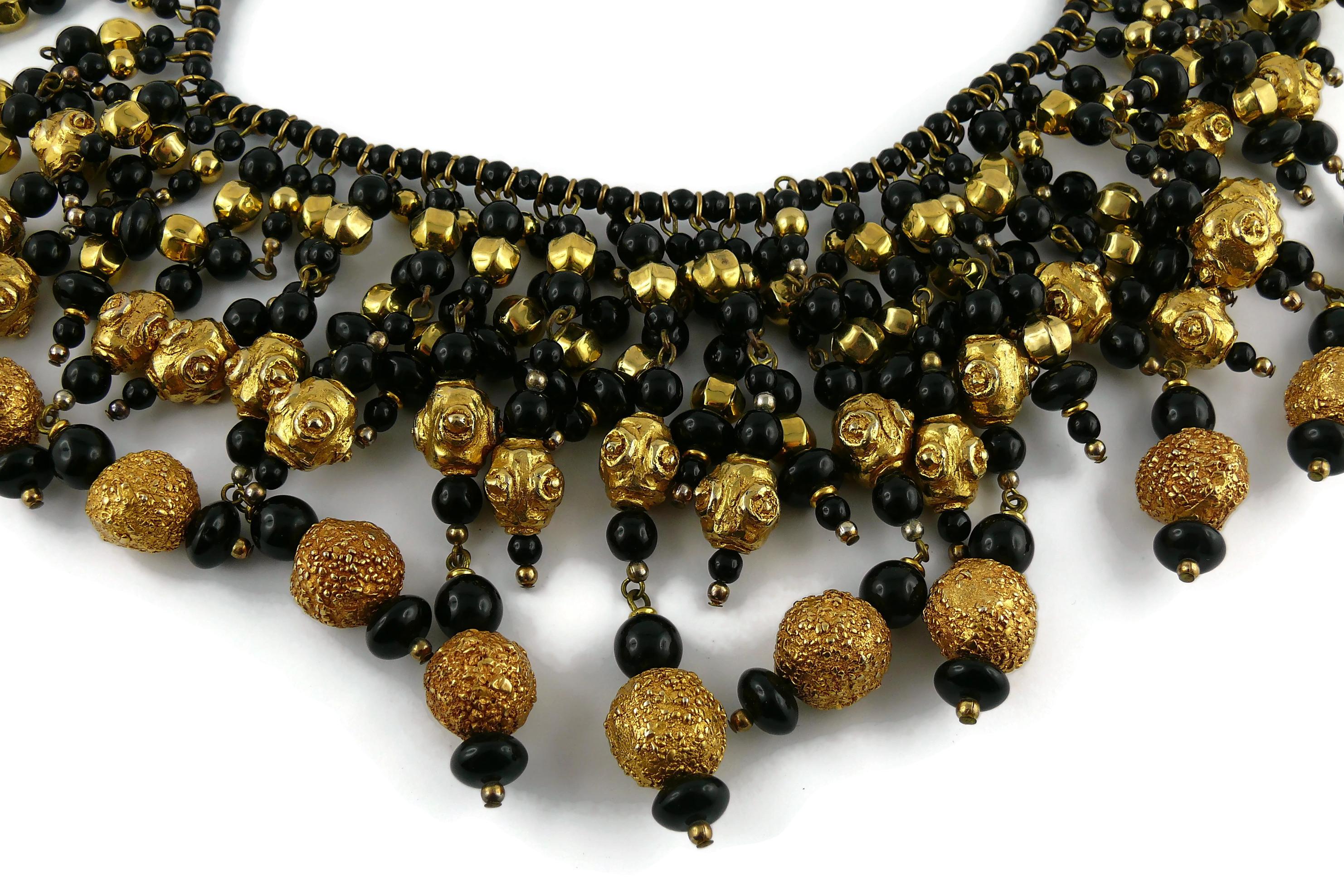 Women's Christian Lacroix Vintage Runway Black Glass Beads Gold Toned Balls Bib Necklace For Sale