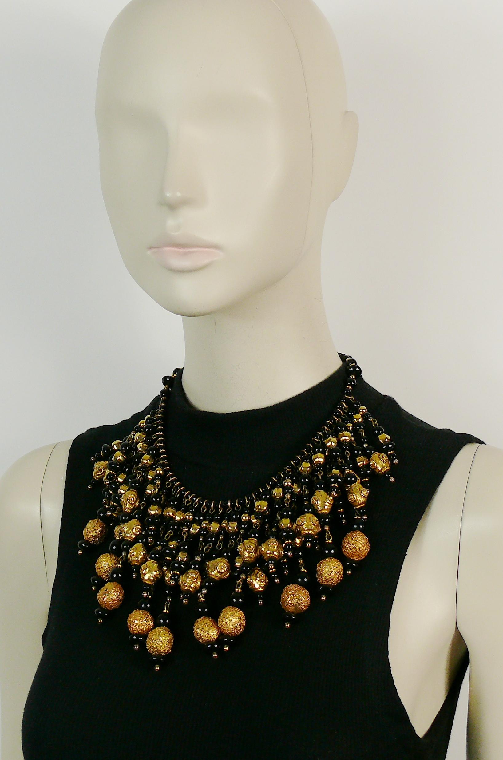 Christian Lacroix Vintage Runway Black Glass Beads Gold Toned Balls Bib Necklace For Sale 1
