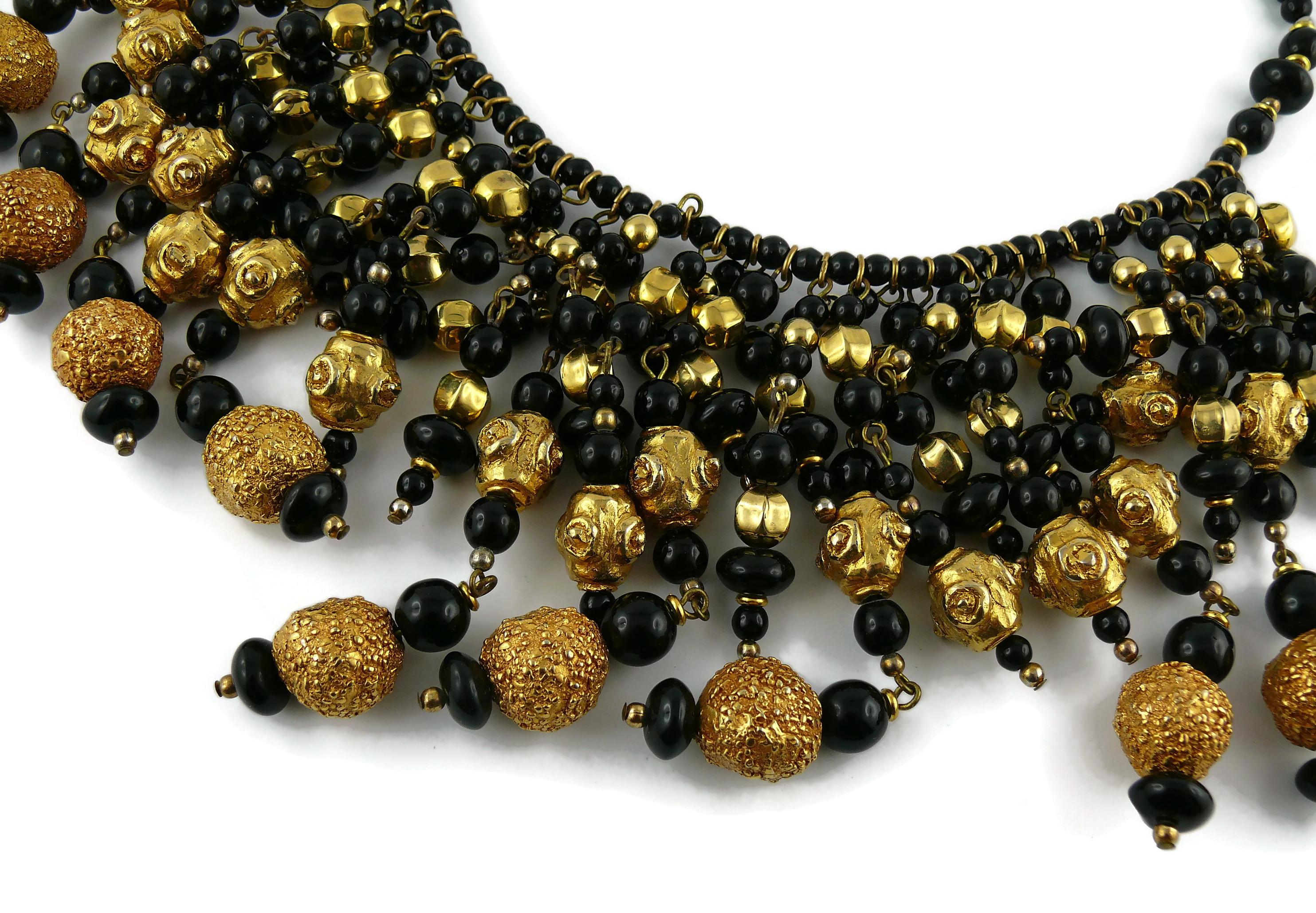 Christian Lacroix Vintage Runway Black Glass Beads Gold Toned Balls Bib Necklace For Sale 2