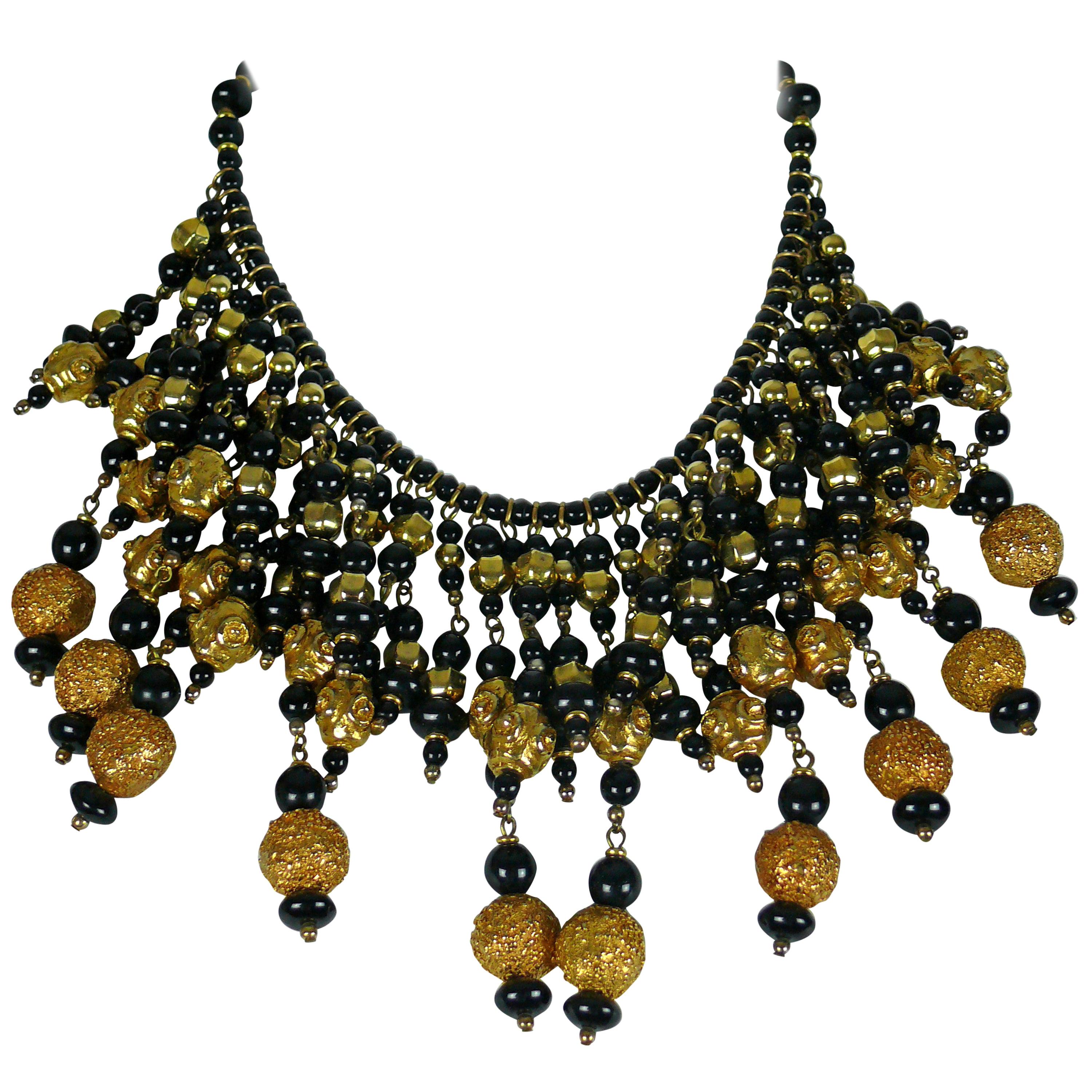 Christian Lacroix Vintage Runway Black Glass Beads Gold Toned Balls Bib Necklace For Sale