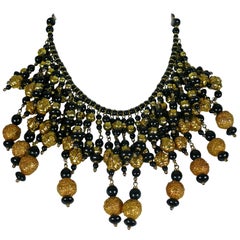 Christian Lacroix Vintage Runway Black Glass Beads Gold Toned Balls Bib Necklace