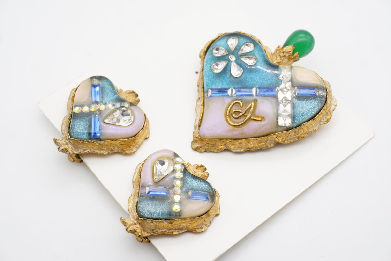 Christian Lacroix Vintage Sacred Heart Logo Inset Cross Emerald Sapphire 2 Set For Sale 6