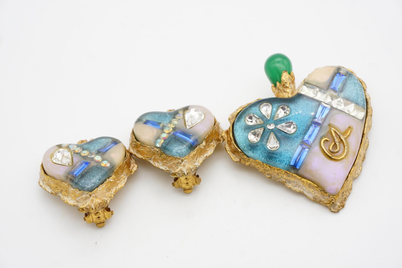 Christian Lacroix Vintage Sacred Heart Logo Inset Cross Emerald Sapphire 2 Set For Sale 8