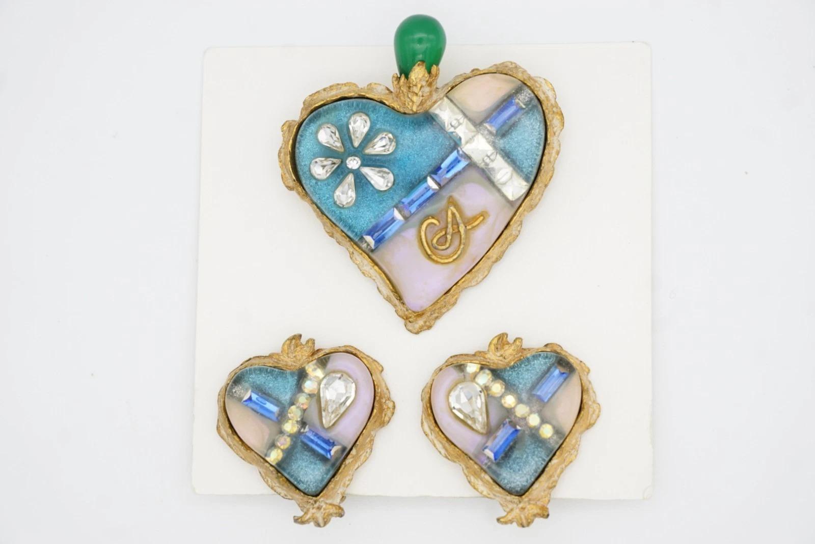 Christian Lacroix Vintage Sacred Heart Logo Inset Cross Emerald Sapphire 2 Set For Sale 11
