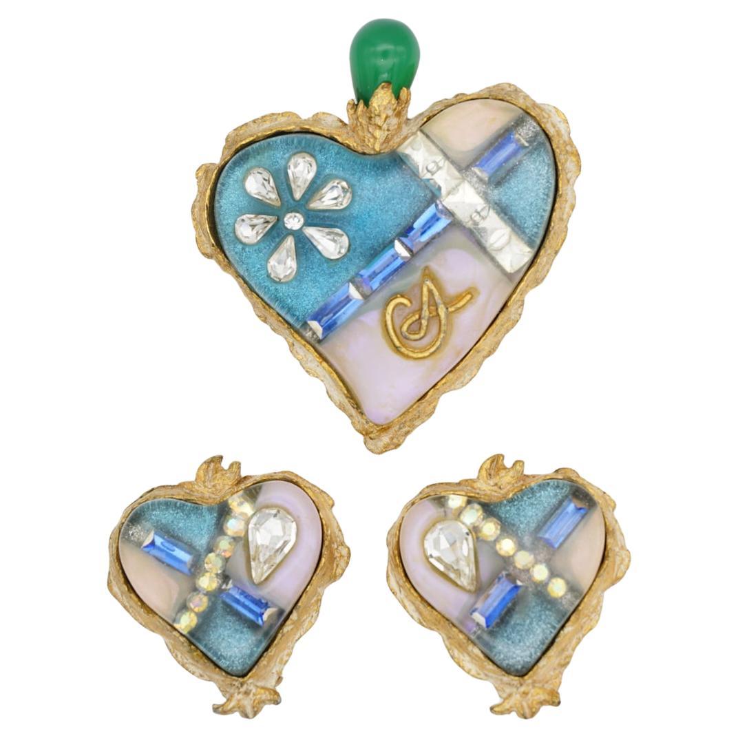 Christian Lacroix Vintage Classic Iconic Sacred Heart Large Logo Inset Cross Emerald Green Sapphire Navy Blue Turquoise Circle Beads Baguette Rectangle Crystals Water Tear Drop Flower Chunky Statement Brooch Clip Earrings 2 Jewellery Set, Gold