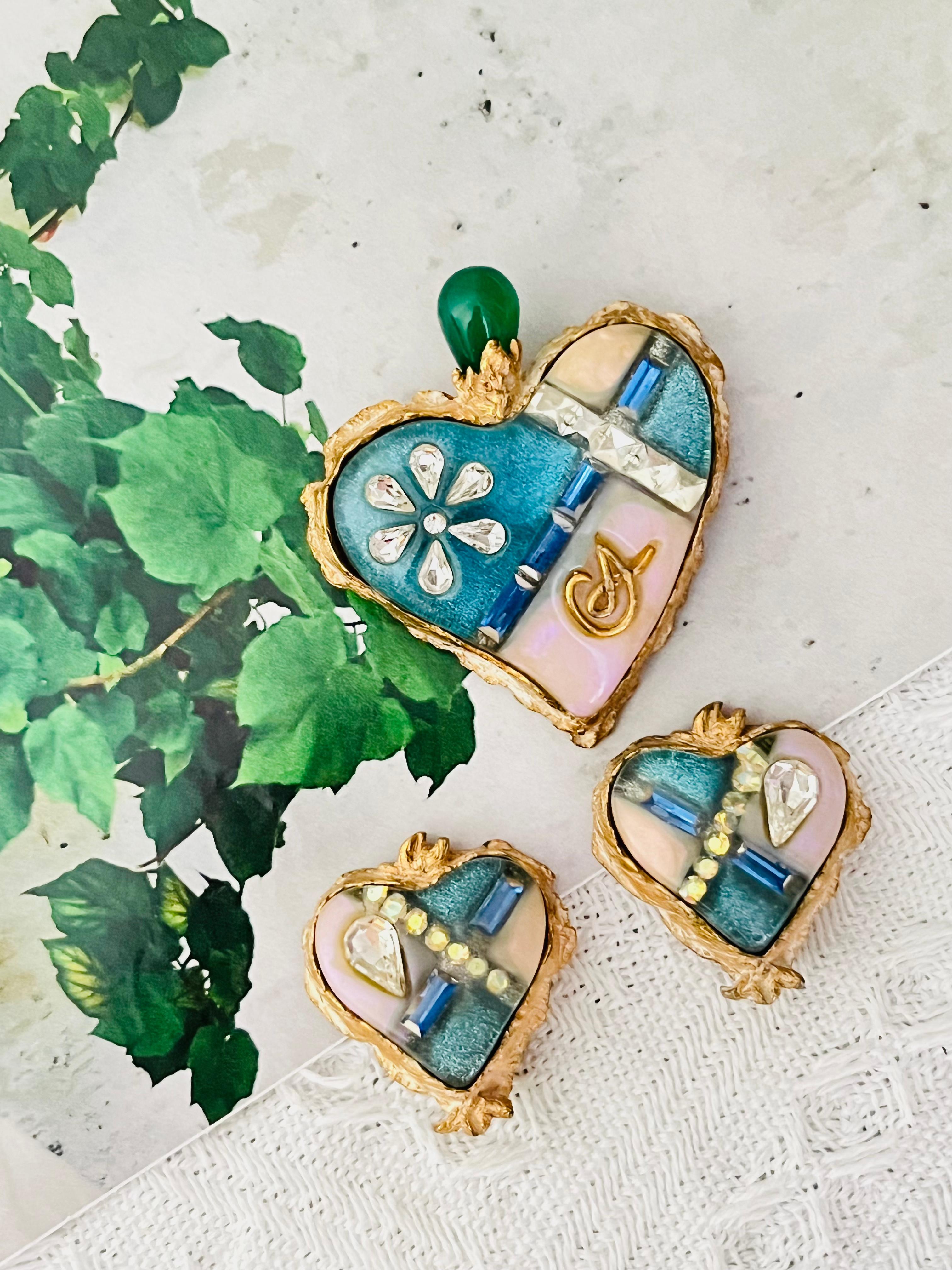 Art Deco Christian Lacroix Vintage Sacred Heart Logo Inset Cross Emerald Sapphire 2 Set For Sale