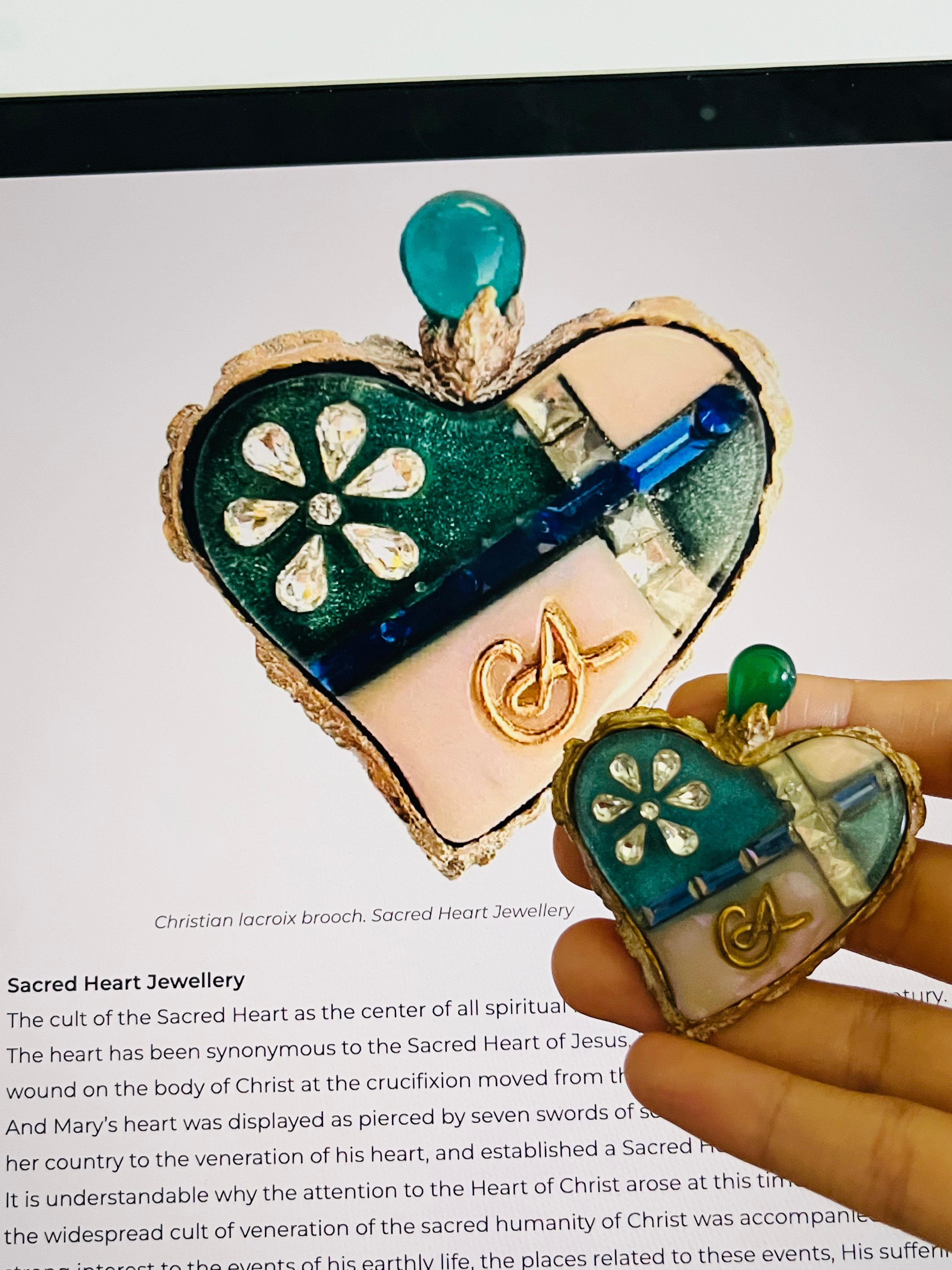 Christian Lacroix Vintage Sacred Heart Logo Inset Cross Emerald Sapphire 2 Set In Good Condition For Sale In Wokingham, England