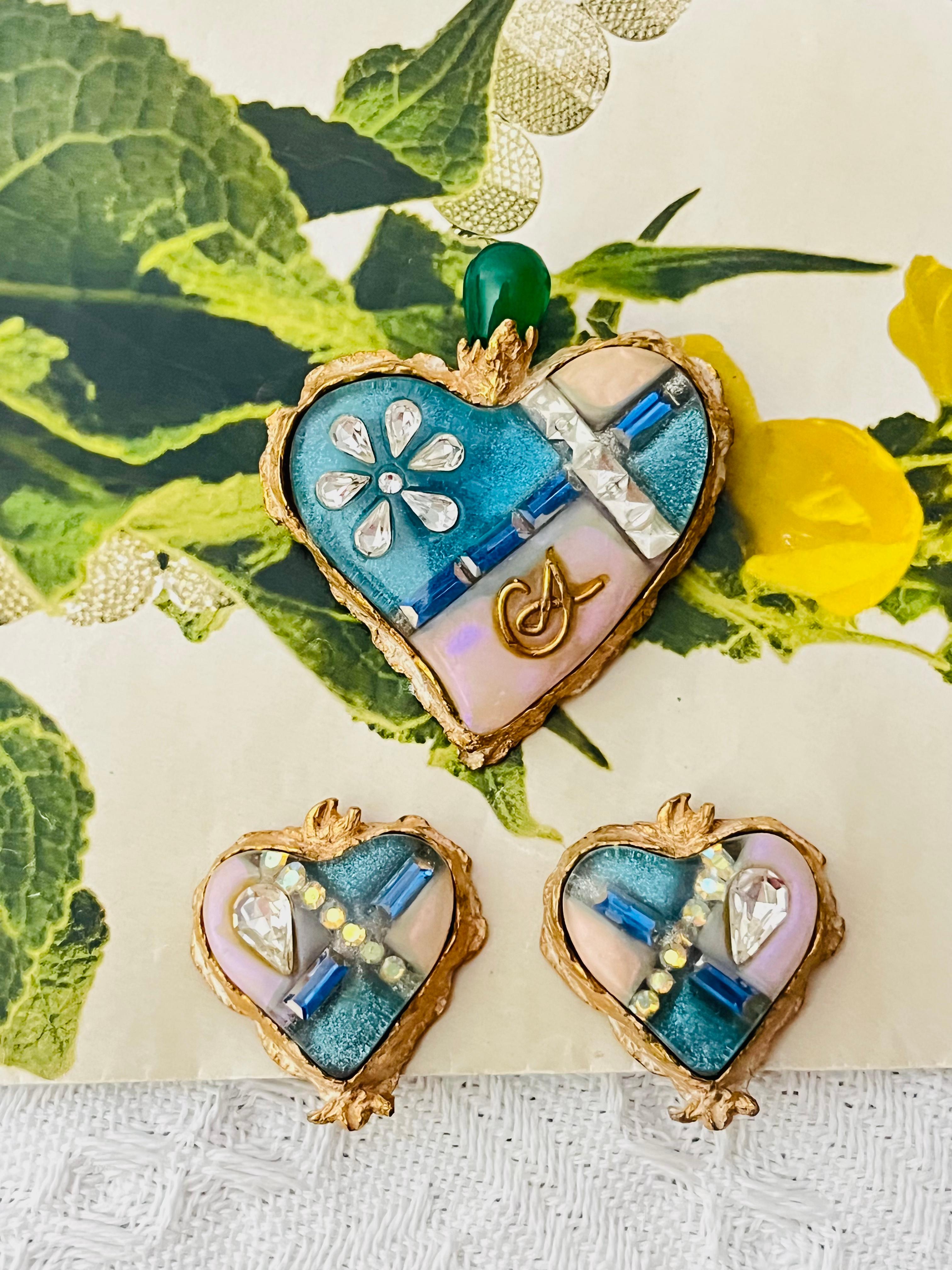 Women's or Men's Christian Lacroix Vintage Sacred Heart Logo Inset Cross Emerald Sapphire 2 Set For Sale
