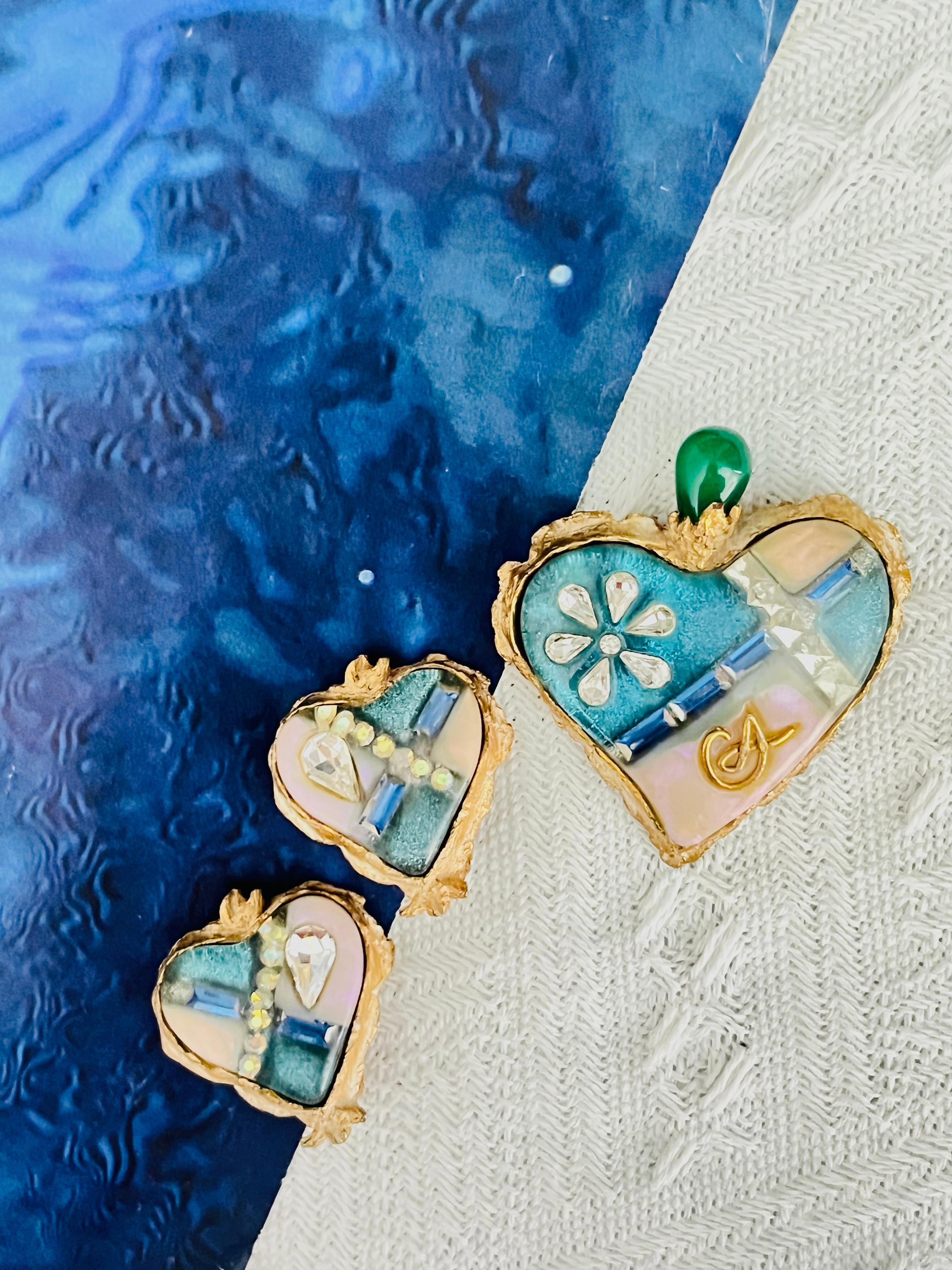 Christian Lacroix Vintage Sacred Heart Logo Inset Cross Emerald Sapphire 2 Set For Sale 1