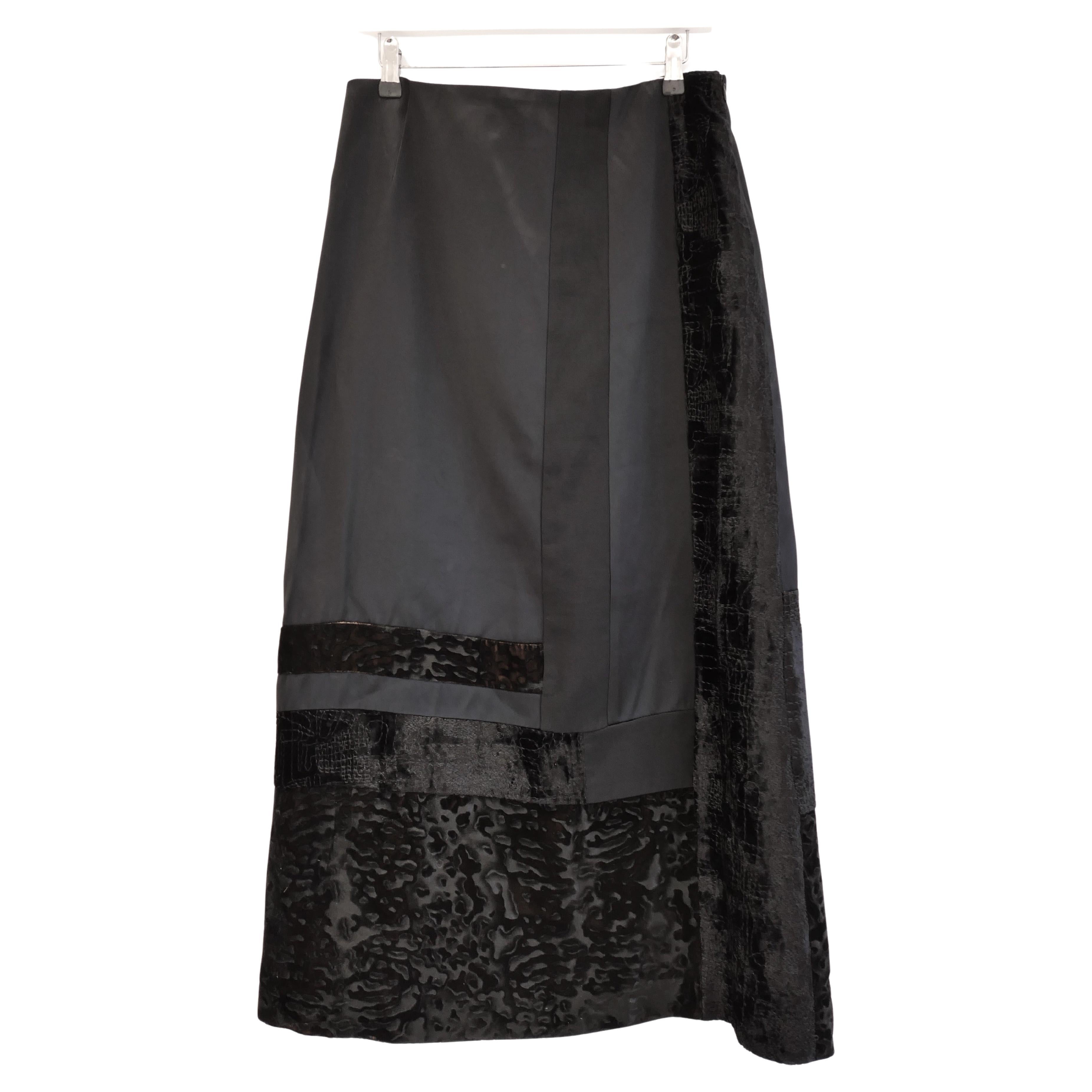 Christian Lacroix Vintage Satin & Velvet Black Maxi Skirt For Sale