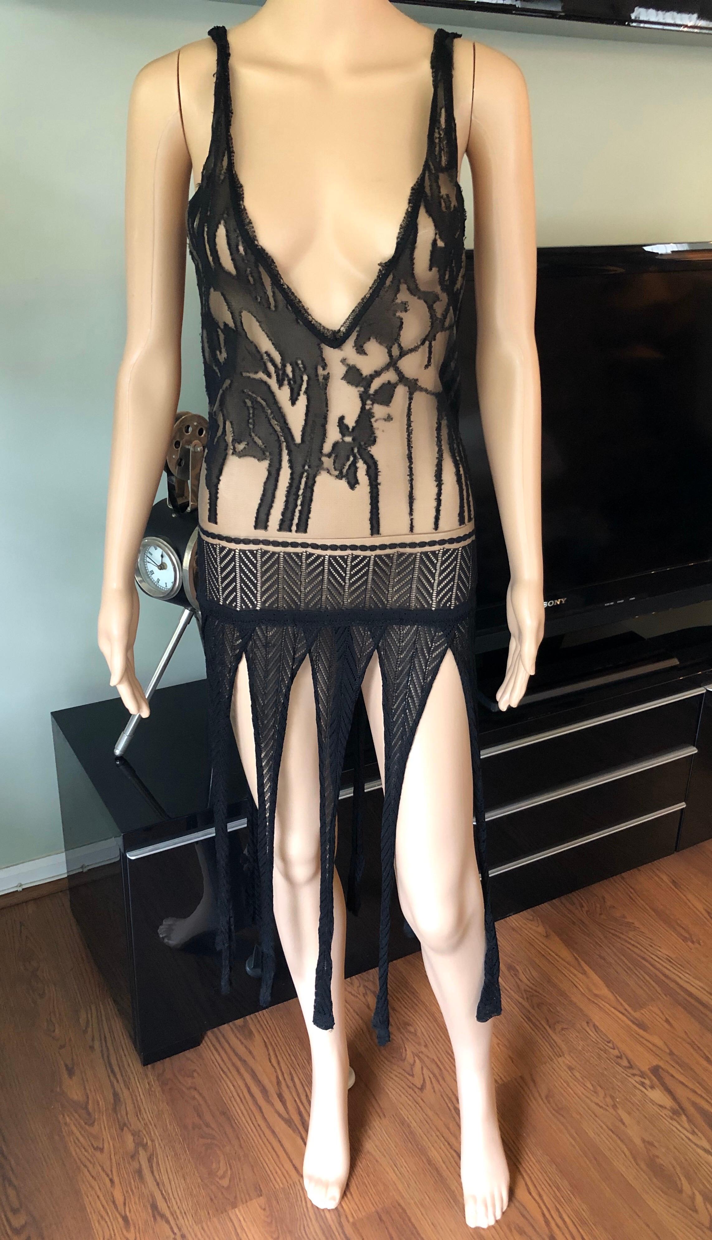 Christian Lacroix Vintage Semi-Sheer Crochet Mesh Knit Fringed Black Dress In Good Condition For Sale In Naples, FL