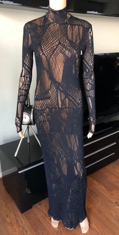 Christian Lacroix Vintage Semi-Sheer Mesh Open Knit Fishnet Black Maxi Dress