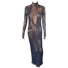 Christian Lacroix Vintage Semi-Sheer Mesh Open Knit Fishnet Black Maxi Dress 