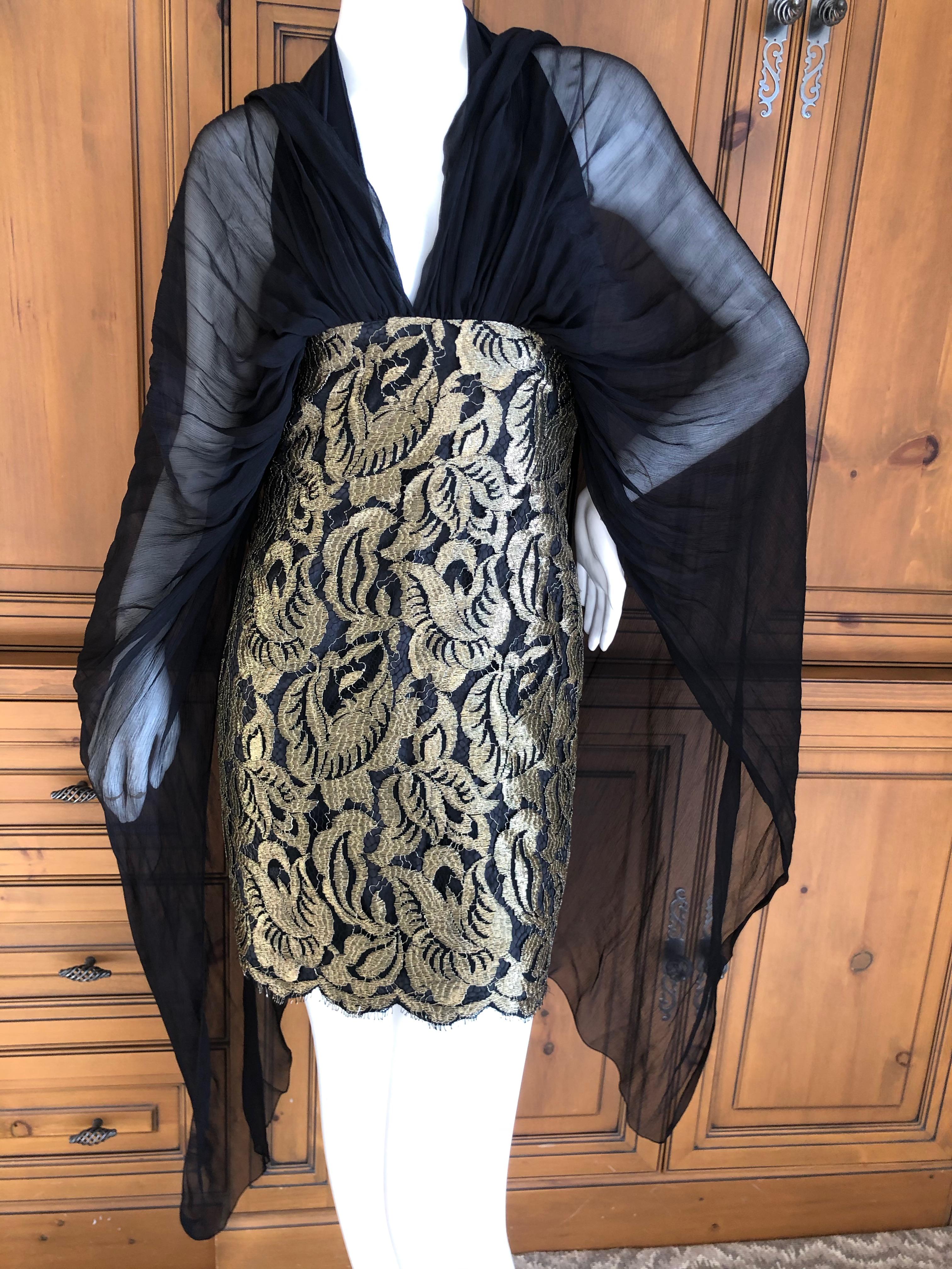 Christian Lacroix Vintage Sheer Black and Gold Lace Cocktail Dress In Excellent Condition For Sale In Cloverdale, CA