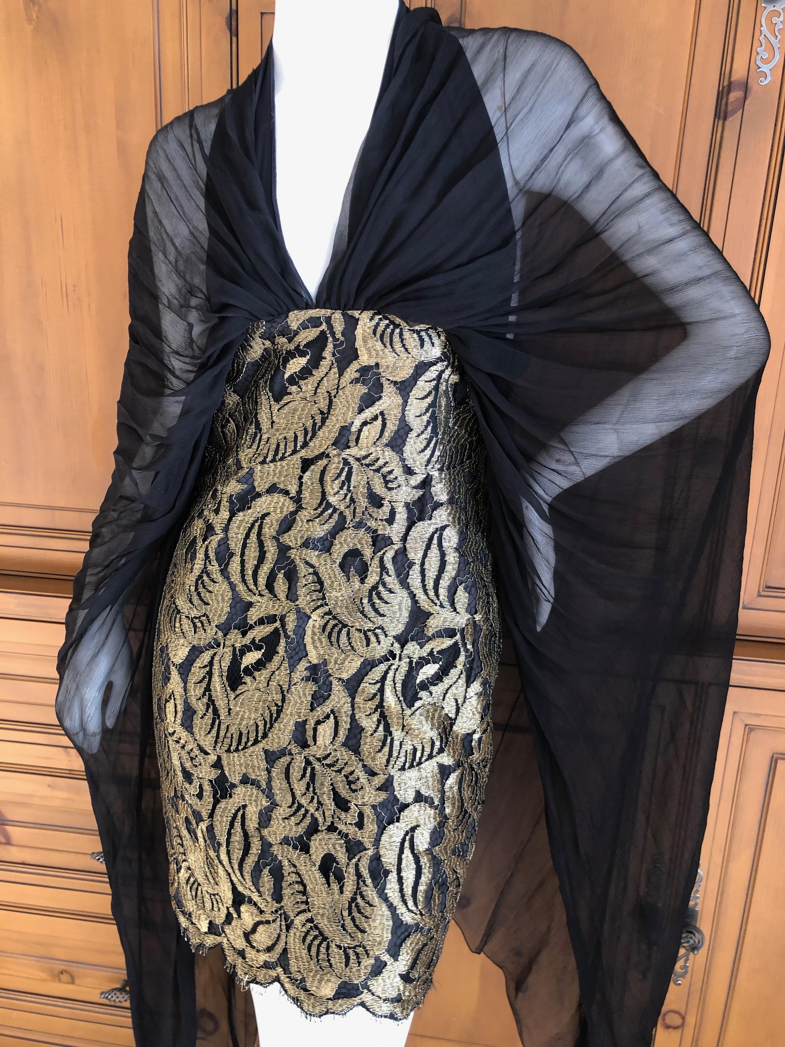 Christian Lacroix Vintage Sheer Black and Gold Lace Cocktail Dress For Sale 4