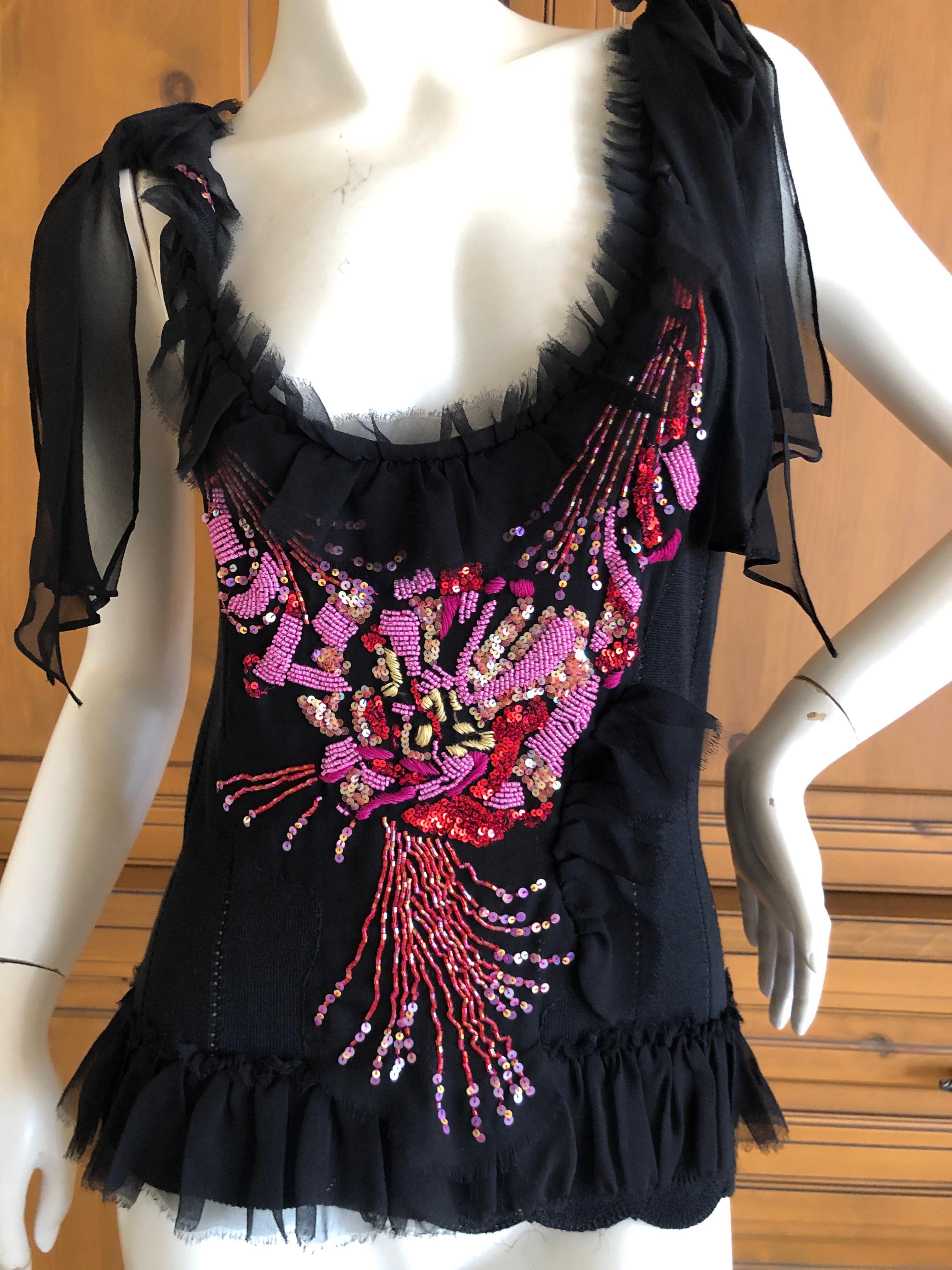 Christian Lacroix Vintage Silk Bead Flower Bouquet Embellished Sleeveless Top.
Much prettier in person, very soft wool silk blend
Size M
 Bust 34