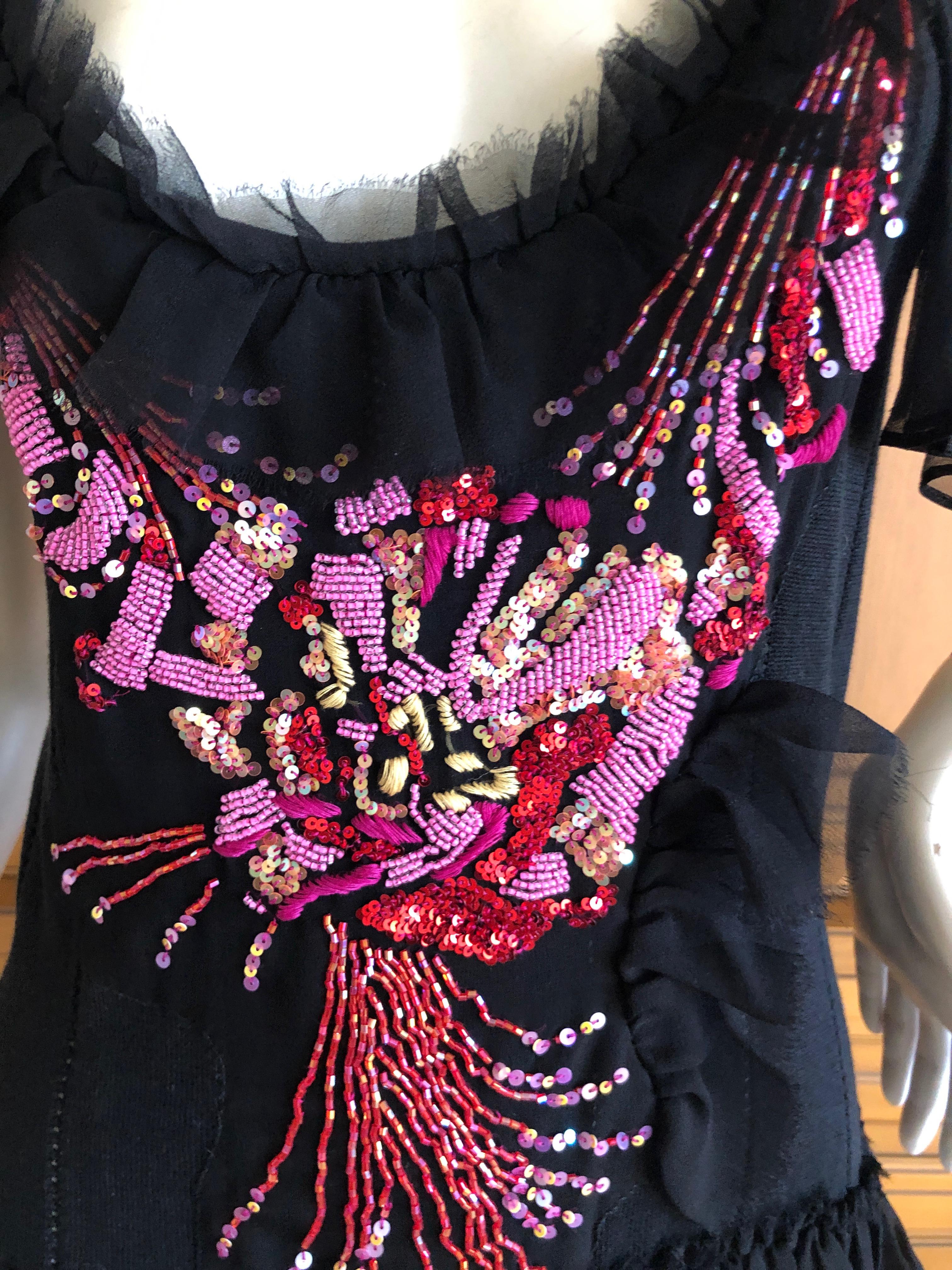 Christian Lacroix Vintage Silk Bead Flower Bouquet Embellished Sleeveless Top In Excellent Condition For Sale In Cloverdale, CA
