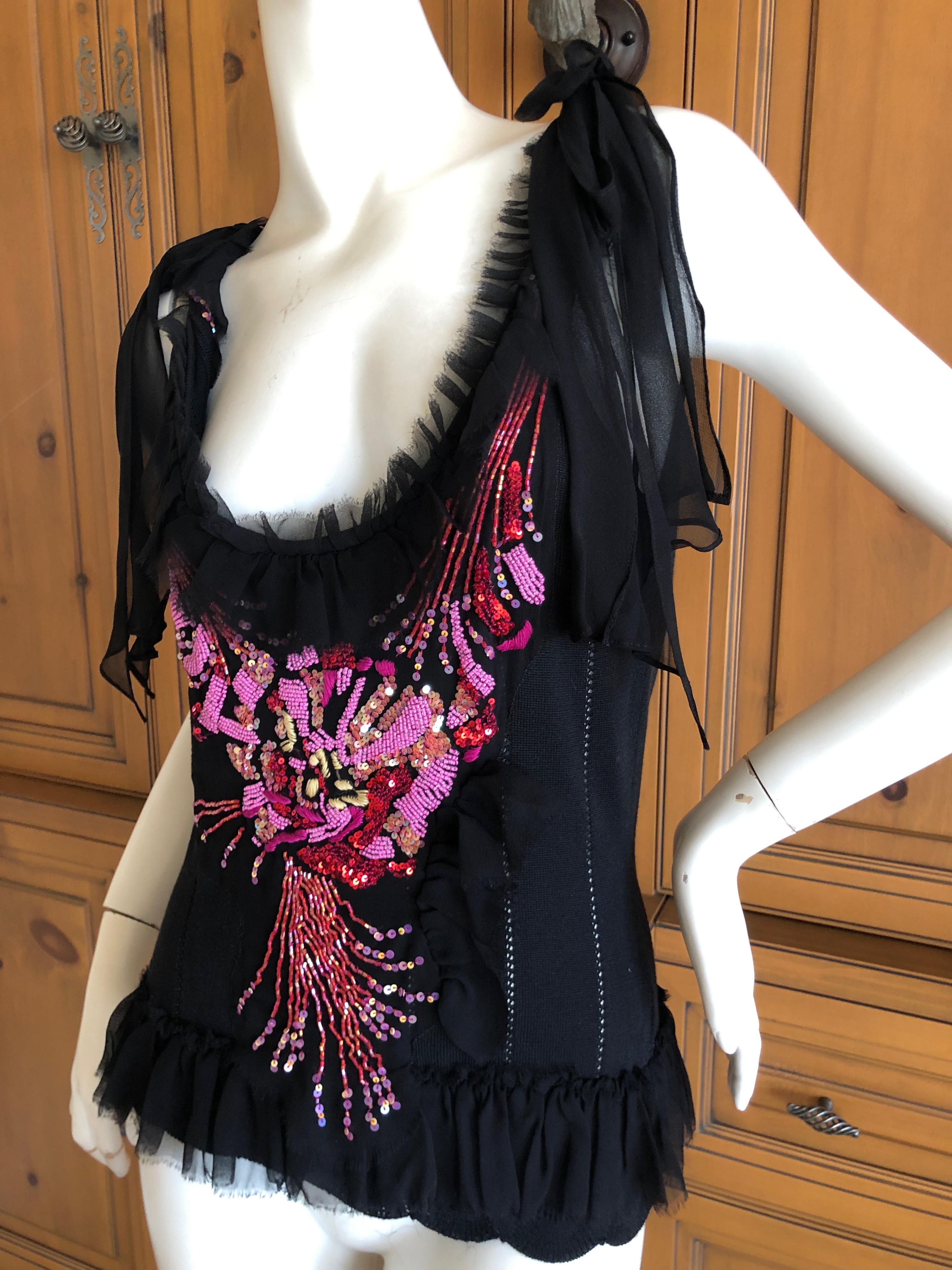 Christian Lacroix Vintage Silk Bead Flower Bouquet Embellished Sleeveless Top For Sale 1