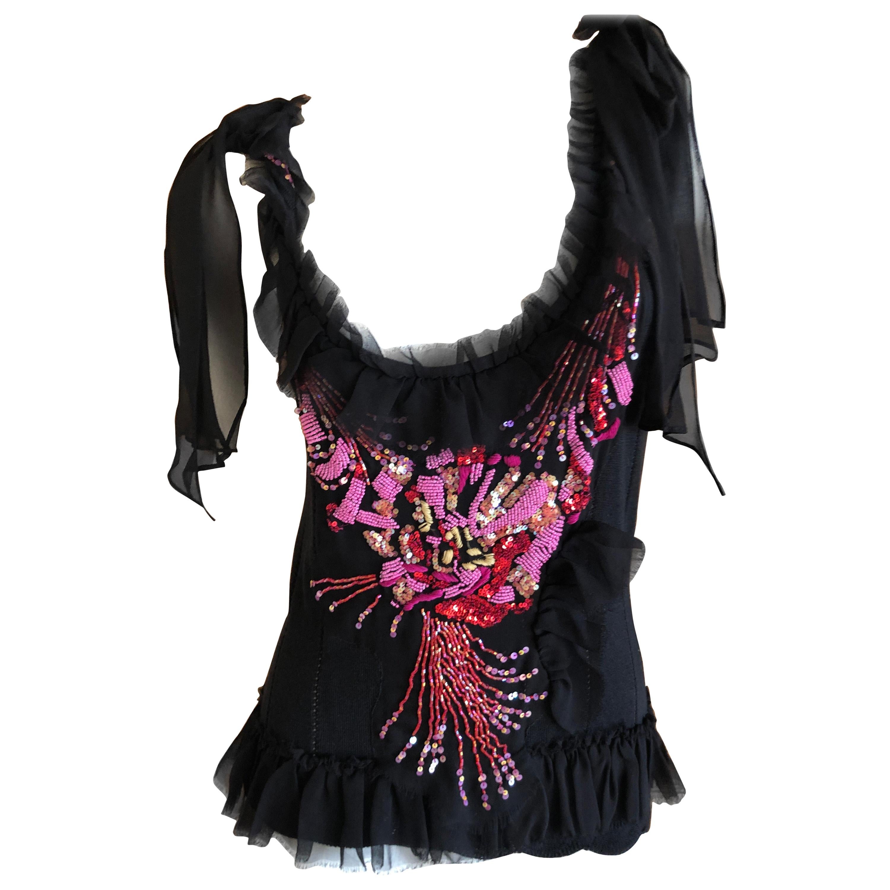 Christian Lacroix Vintage Silk Bead Flower Bouquet Embellished Sleeveless Top For Sale