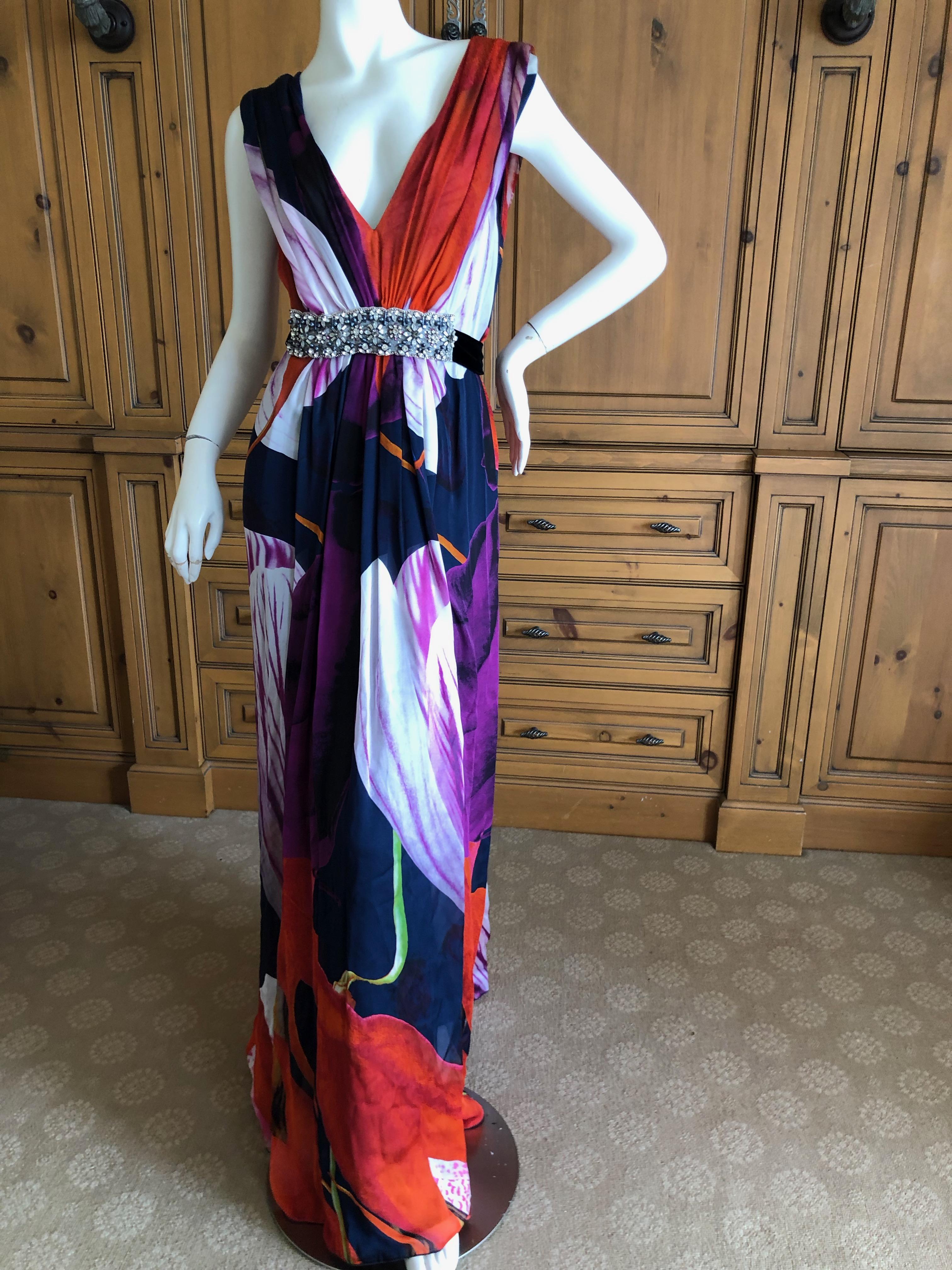 Christian Lacroix Vintage Silk Chiffon Floral Dress with Crystal Accented Belt In Excellent Condition For Sale In Cloverdale, CA