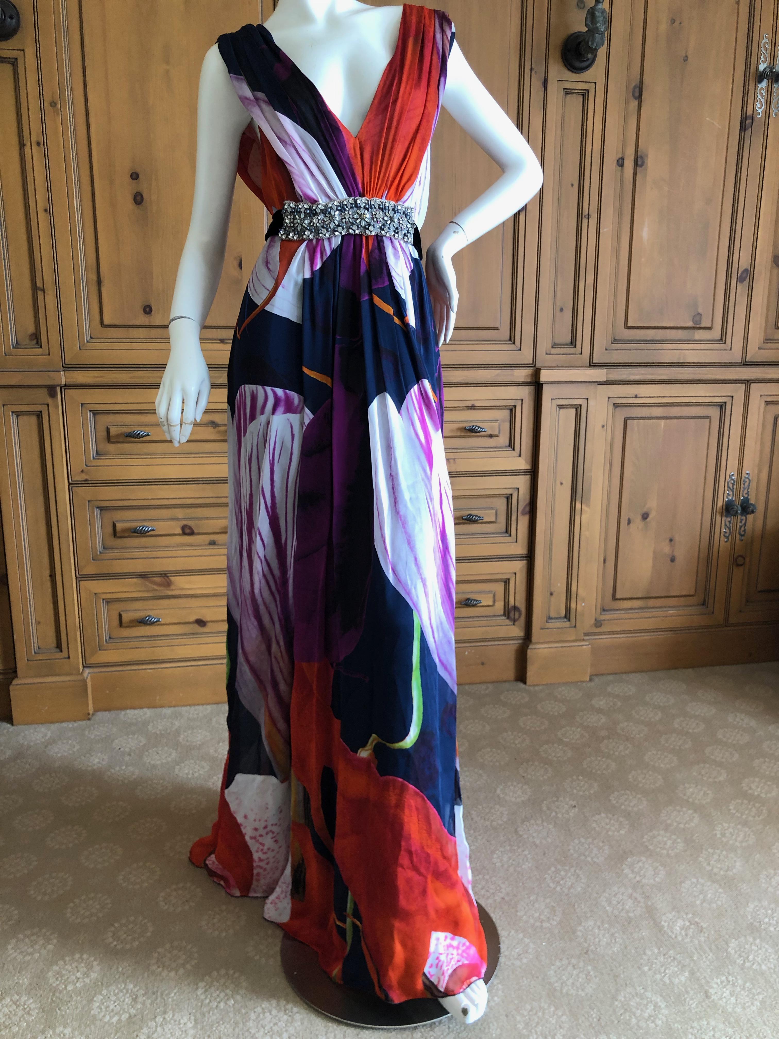 Christian Lacroix Vintage Silk Chiffon Floral Dress with Crystal Accented Belt For Sale 2