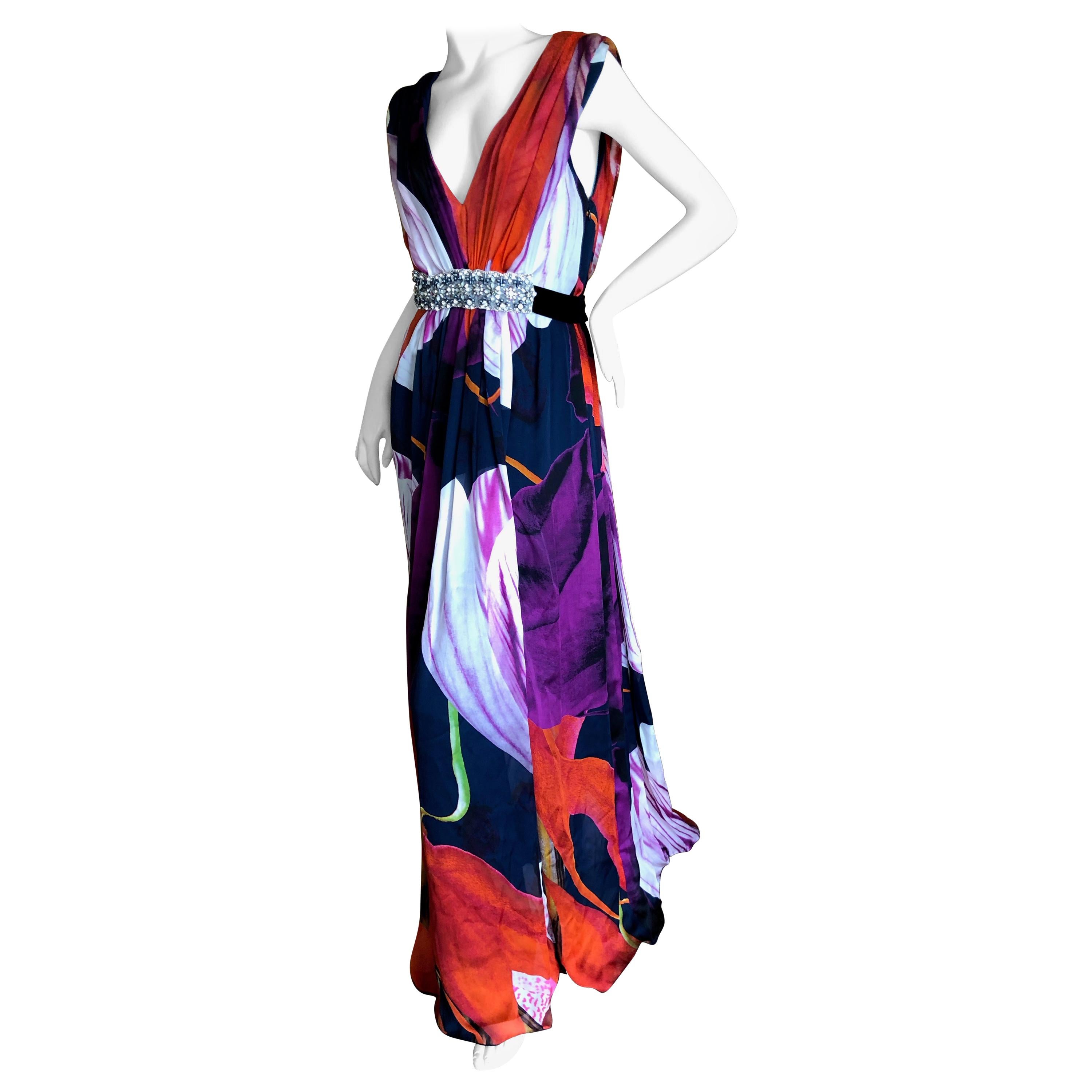 Christian Lacroix Vintage Silk Chiffon Floral Dress with Crystal Accented Belt For Sale