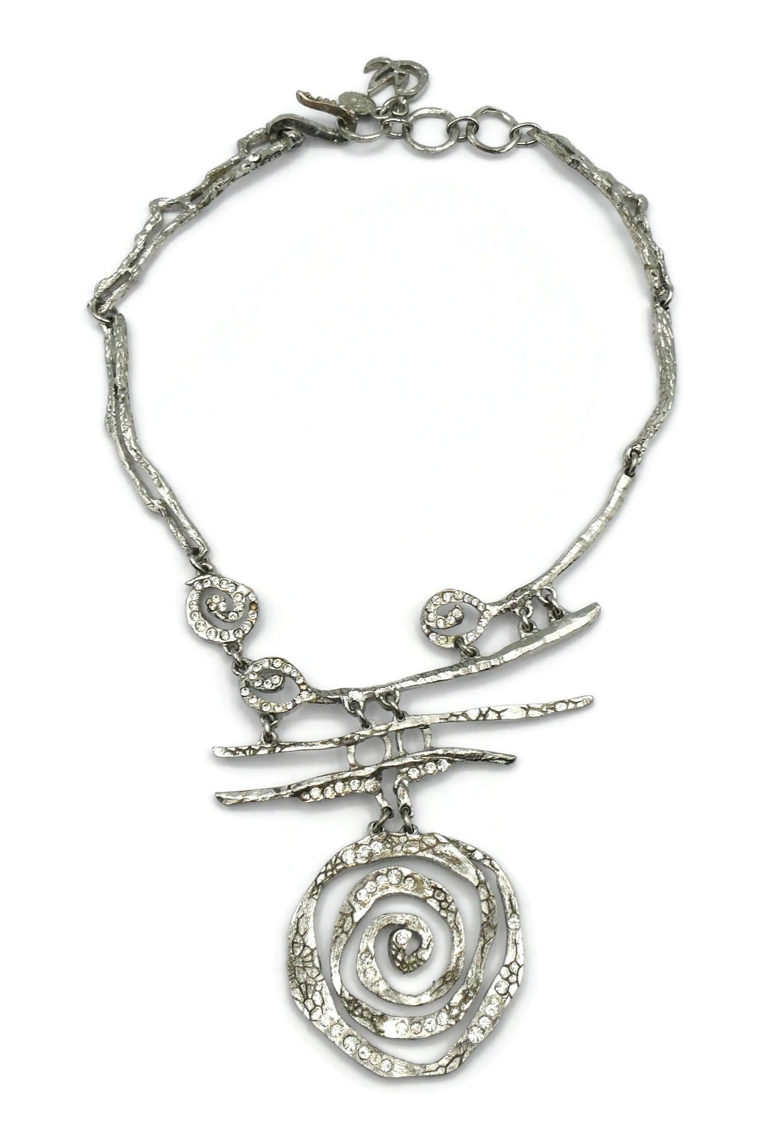 CHRISTIAN LACROIX Vintage Silver Tone Jewelled Abstract Spiral Necklace In Good Condition In Nice, FR