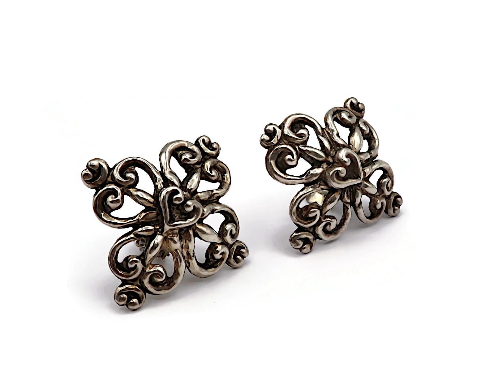 CHRISTIAN LACROIX Vintage Antiqued Silver Tone Scroll Hearts Clip-On Earrings In Good Condition For Sale In Nice, FR