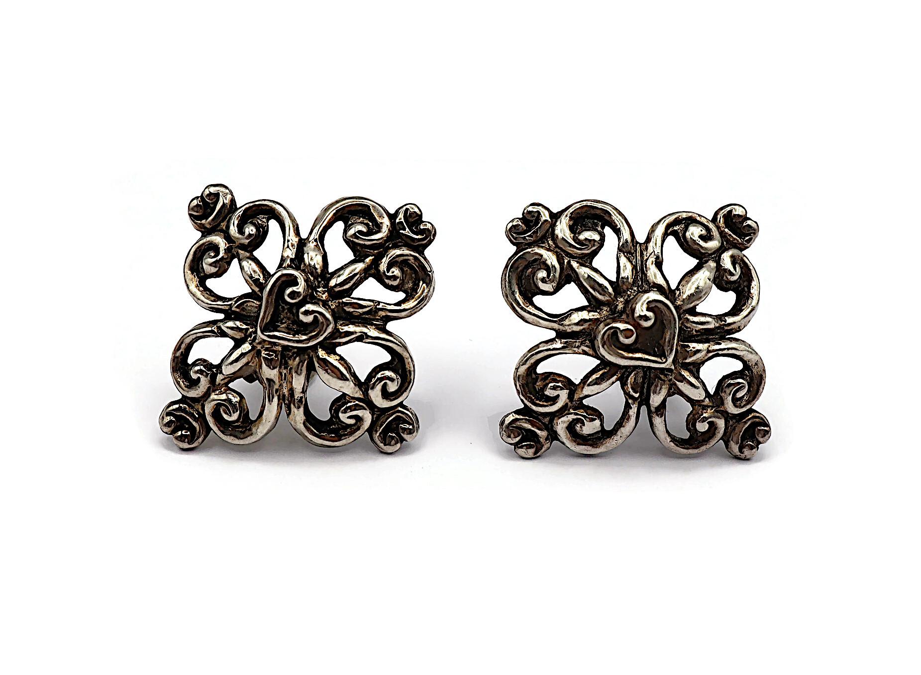 Women's CHRISTIAN LACROIX Vintage Antiqued Silver Tone Scroll Hearts Clip-On Earrings For Sale