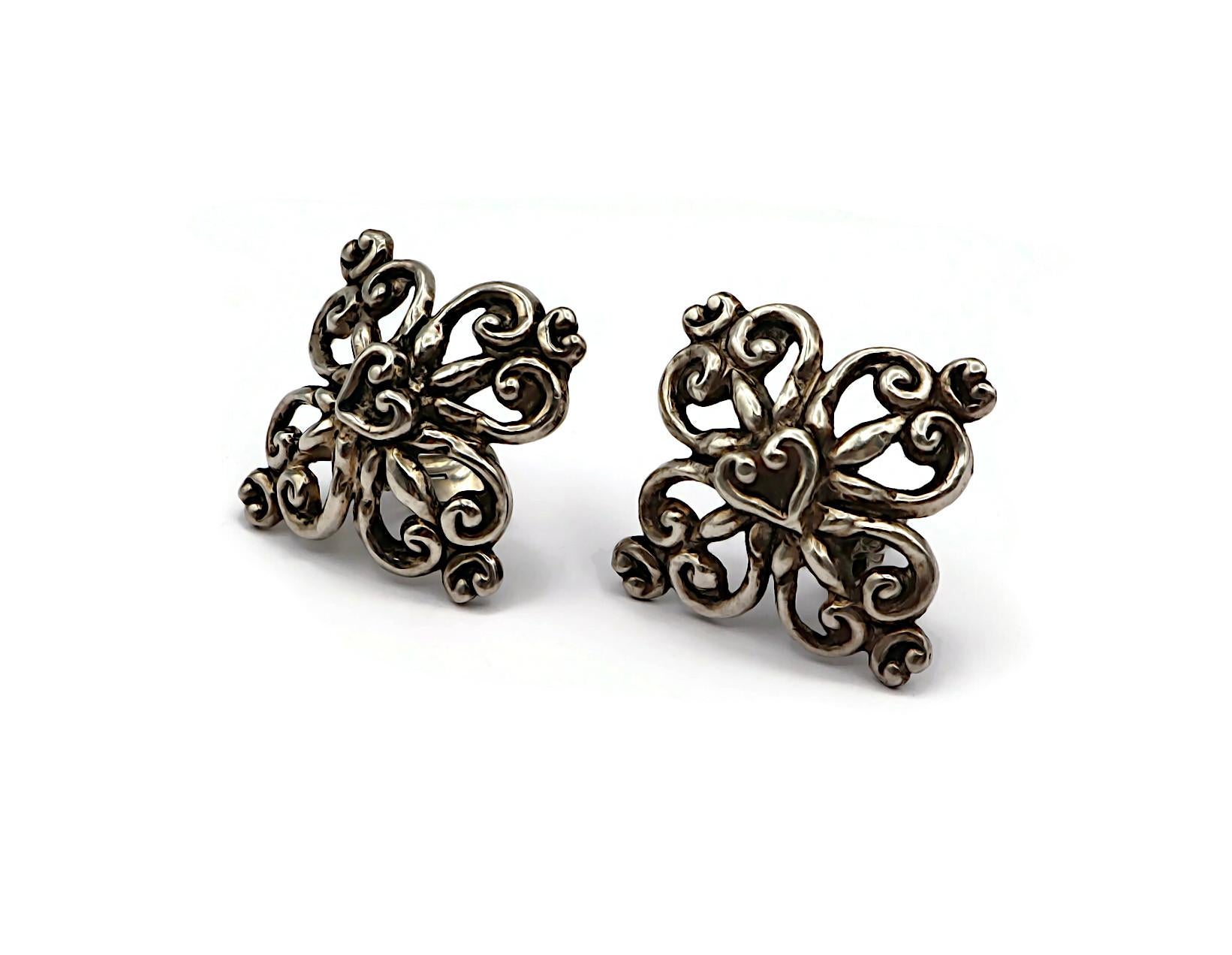 CHRISTIAN LACROIX Vintage Antiqued Silver Tone Scroll Hearts Clip-On Earrings For Sale 1