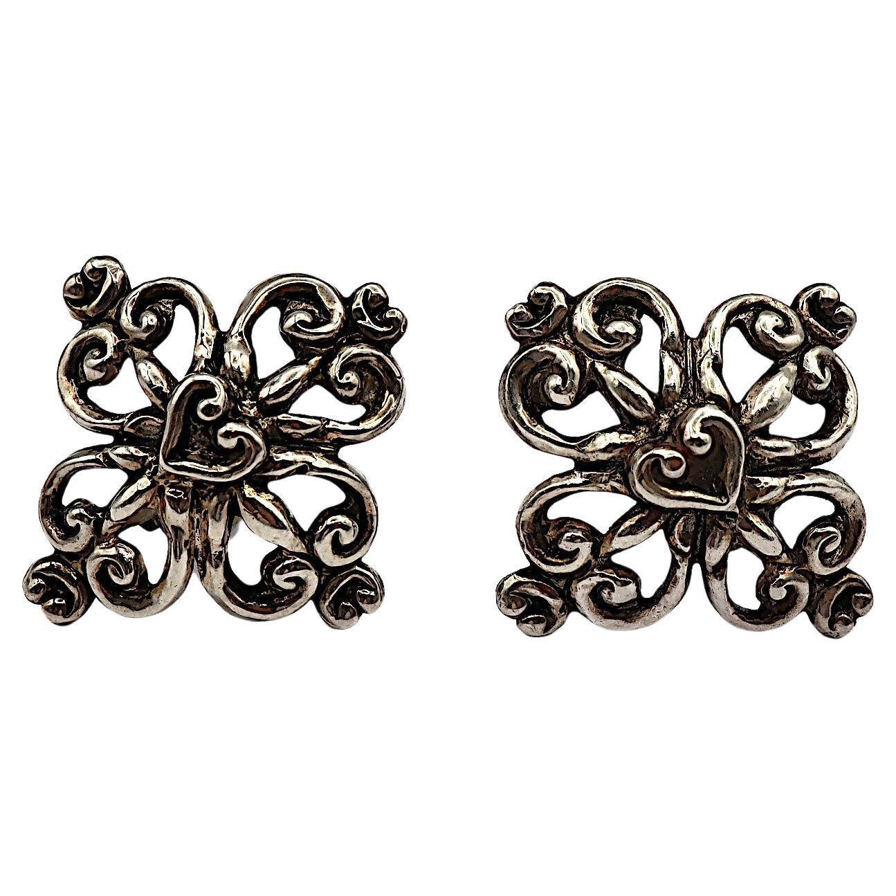 CHRISTIAN LACROIX Vintage Antiqued Silver Tone Scroll Hearts Clip-On Earrings For Sale