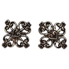 CHRISTIAN LACROIX Vintage Antiqued Silver Tone Scroll Hearts Clip-On Earrings