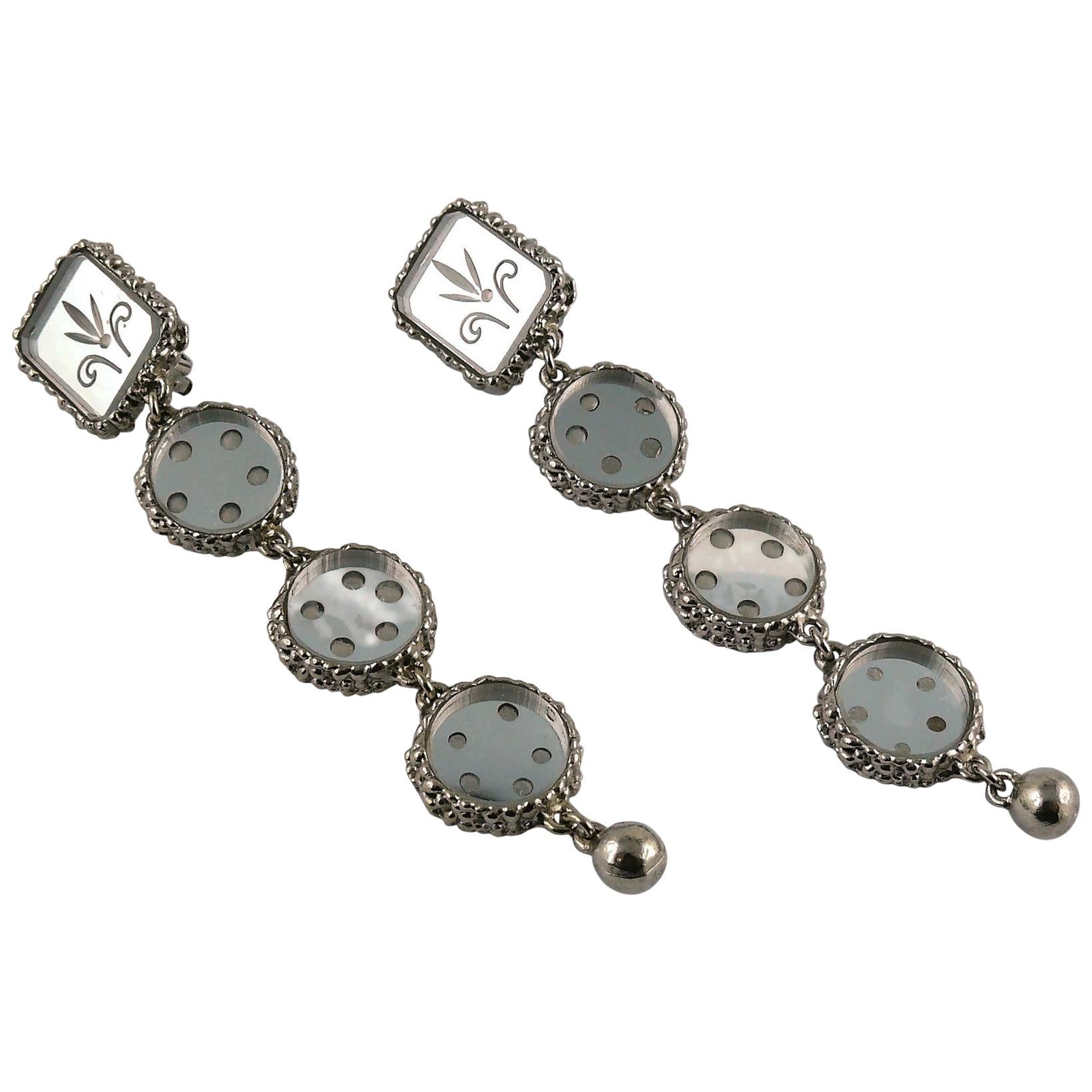 Christian Lacroix Vintage Silver Toned Baroque Venitian Mirror Dangling Earrings