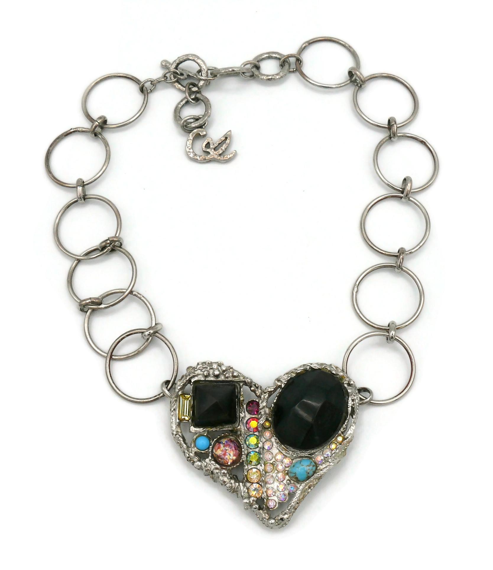 Christian Lacroix Vintage Silver Toned Jewelled Heart Necklace In Good Condition In Nice, FR