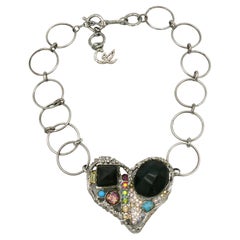 Christian Lacroix Vintage Silver Toned Jewelled Heart Necklace