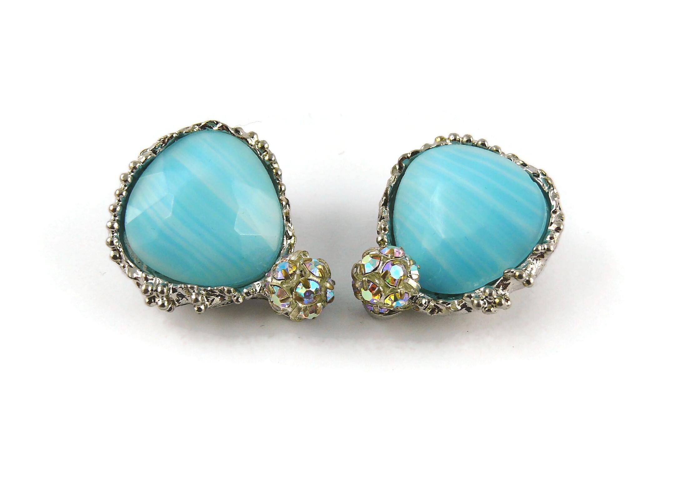 Women's Christian Lacroix Vintage Silver Toned Marbled Blue Glass Clip-On Earrings For Sale