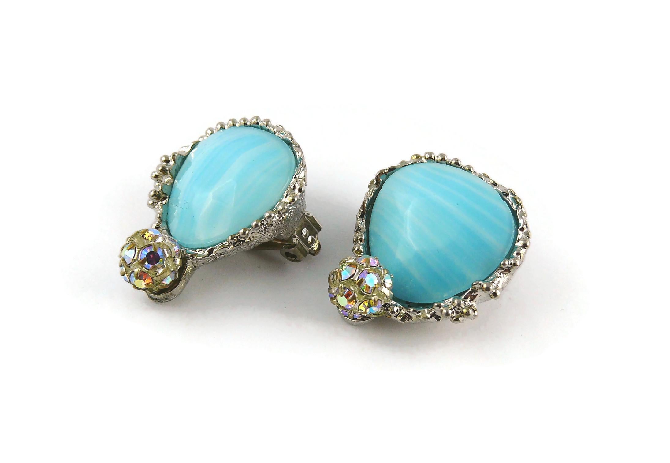 Christian Lacroix Vintage Silver Toned Marbled Blue Glass Clip-On Earrings For Sale 1
