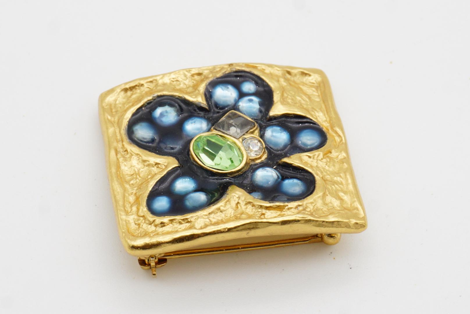 Christian Lacroix Broche Vintage Cuadrado Azul Marino Bonita Flor Esmalte Cristales Verdes 5