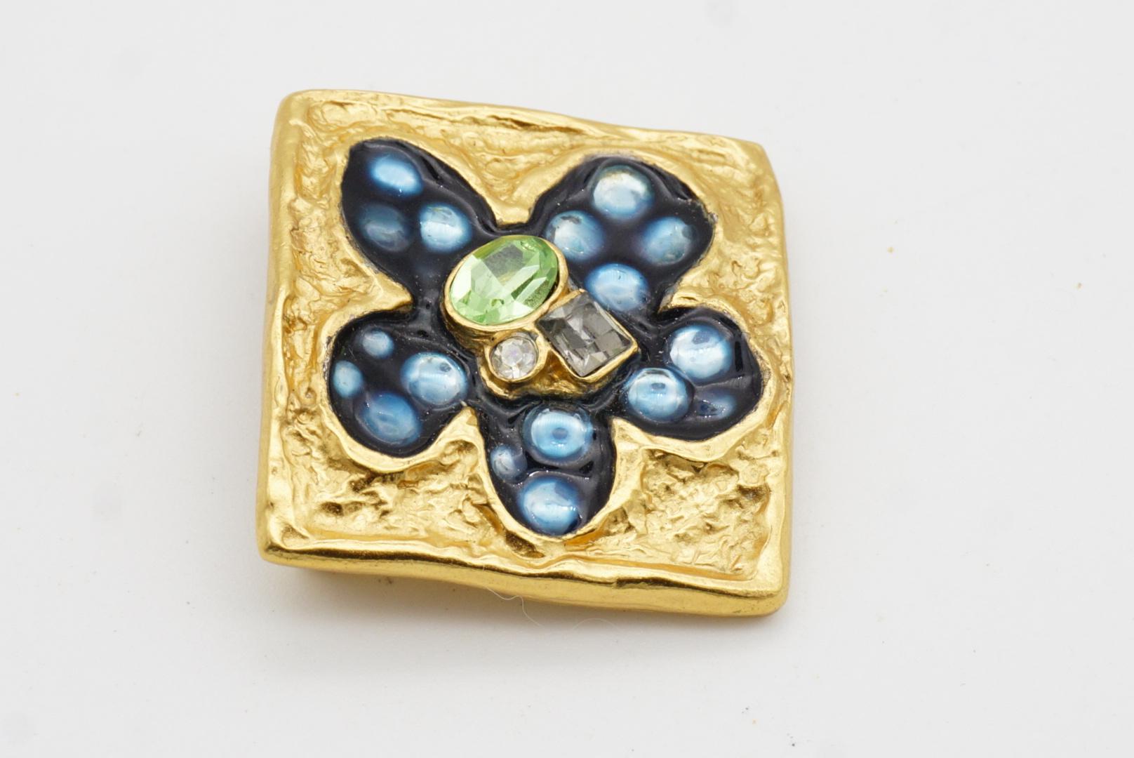 Christian Lacroix Broche Vintage Cuadrado Azul Marino Bonita Flor Esmalte Cristales Verdes 6