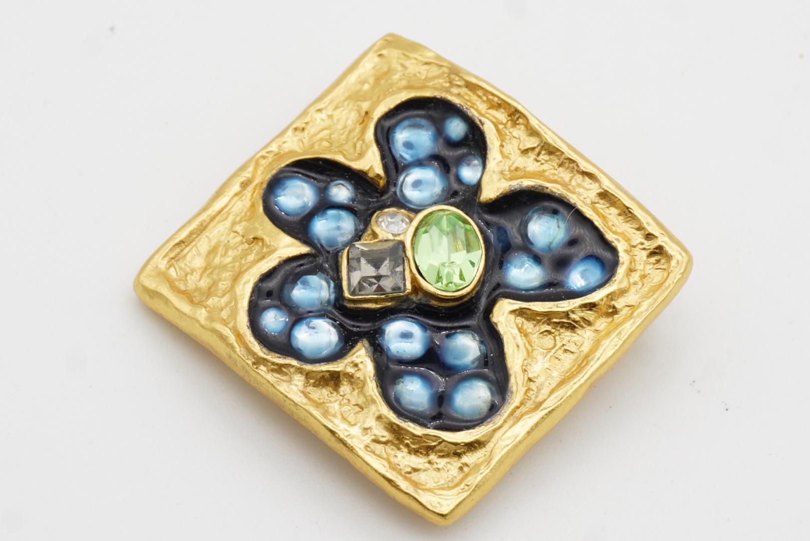 Christian Lacroix Broche Vintage Cuadrado Azul Marino Bonita Flor Esmalte Cristales Verdes 4
