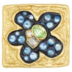 Christian Lacroix Broche Vintage Cuadrado Azul Marino Bonita Flor Esmalte Cristales Verdes