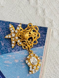 Christian Lacroix Vintage Starfish Heart Crystals Dangle Charm Openwork Brooch