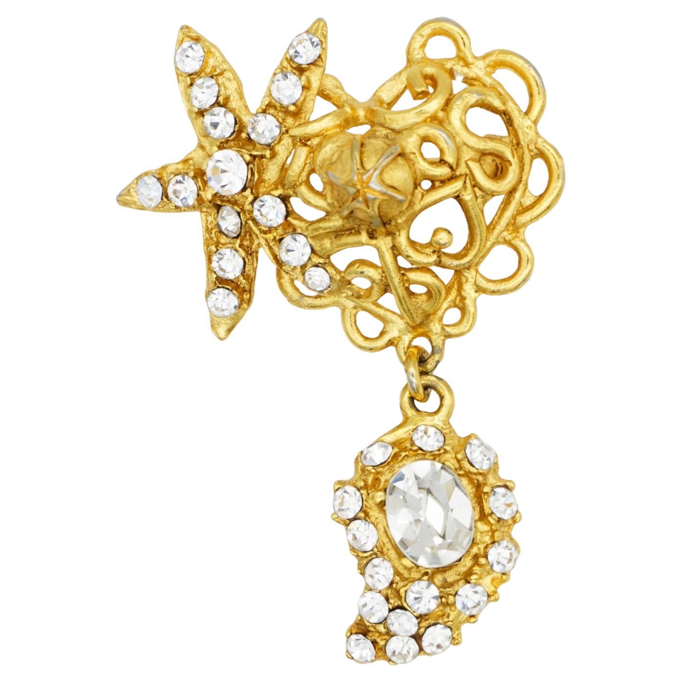 Christian Lacroix Spilla Vintage Stella Marina Cuore Cristalli Dangle Charm Traforato