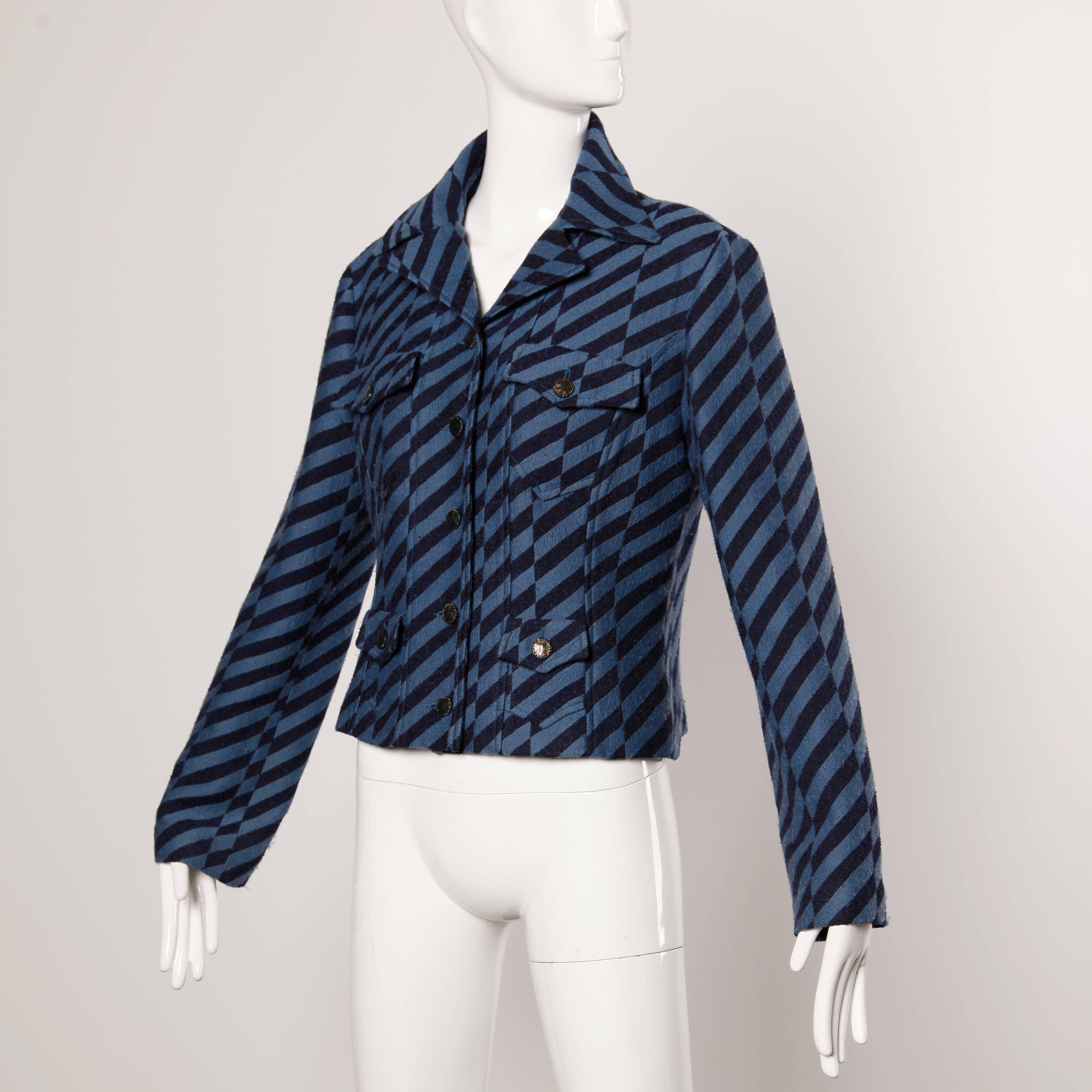 Christian Lacroix Vintage Striped Two Tone Blue Military Jacket, 1980s  In Excellent Condition For Sale In Sparks, NV