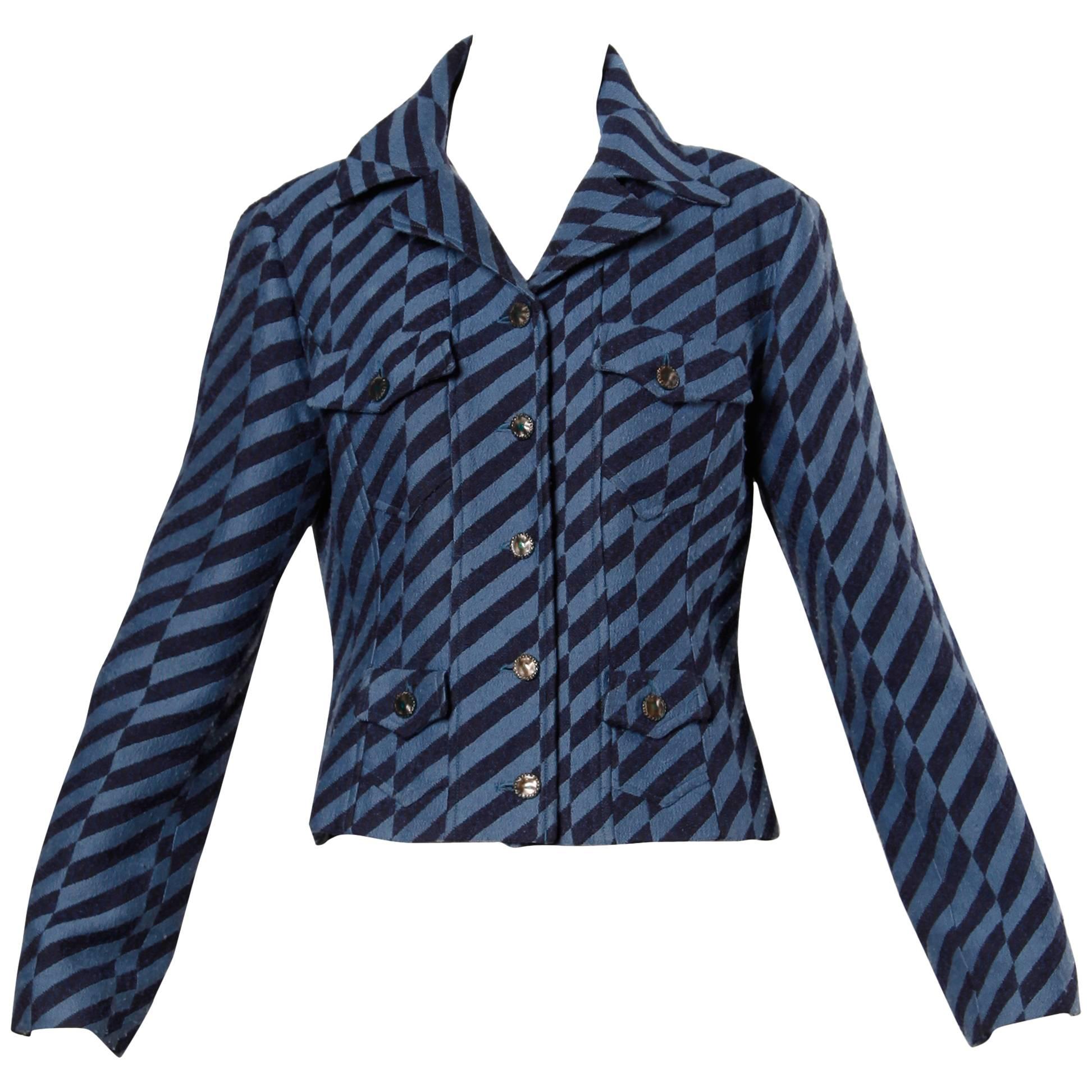 Christian Lacroix Vintage Striped Two Tone Blue Military Jacket, 1980s