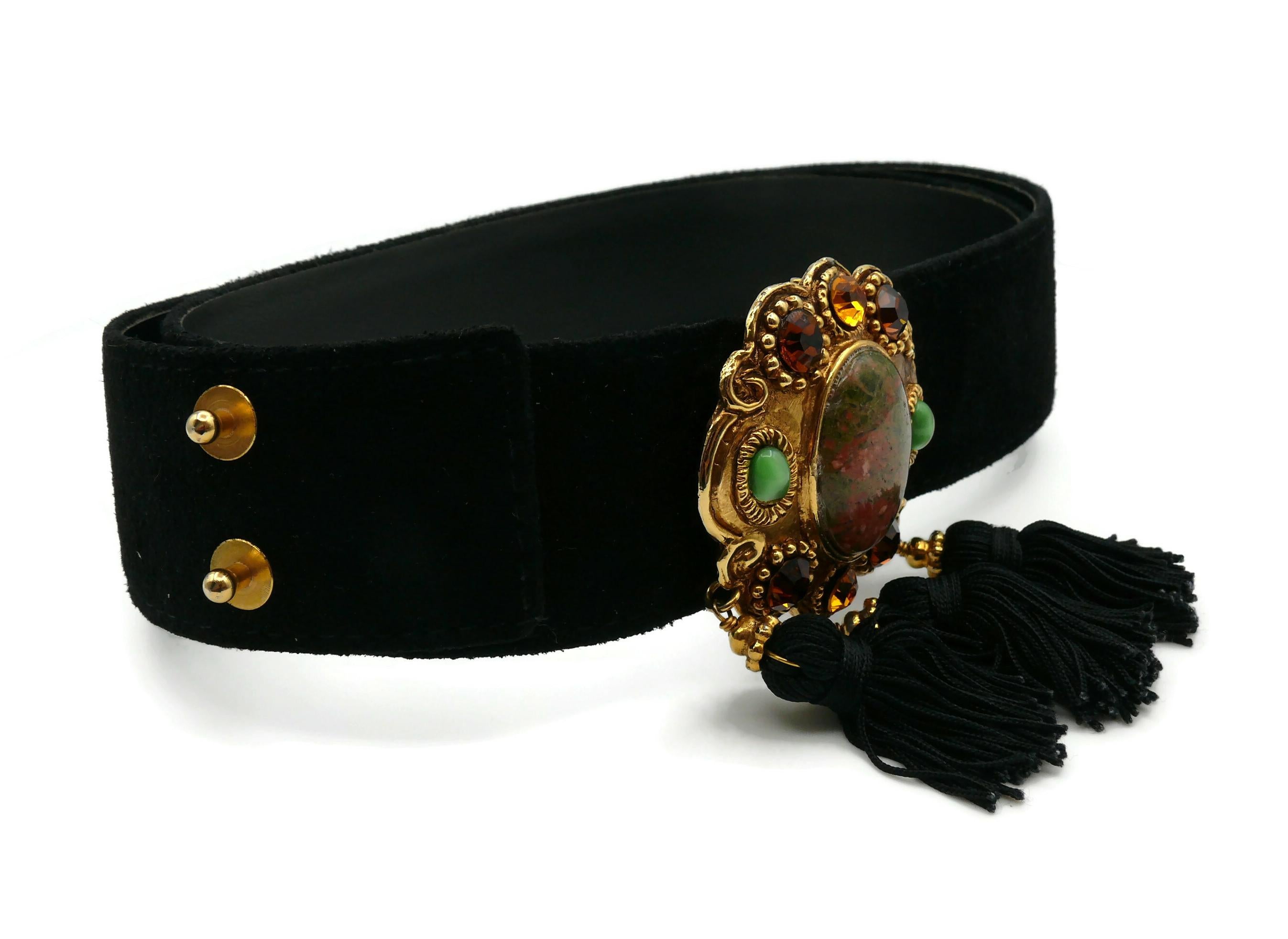 CHRISTIAN LACROIX Vintage Suede Leather Belt with Jewelled Medallion & Tassels In Good Condition For Sale In Nice, FR
