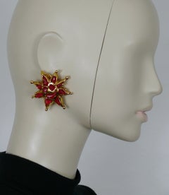 CHRISTIAN LACROIX Vintage Sun Face Red Resin Clip-On Earrings