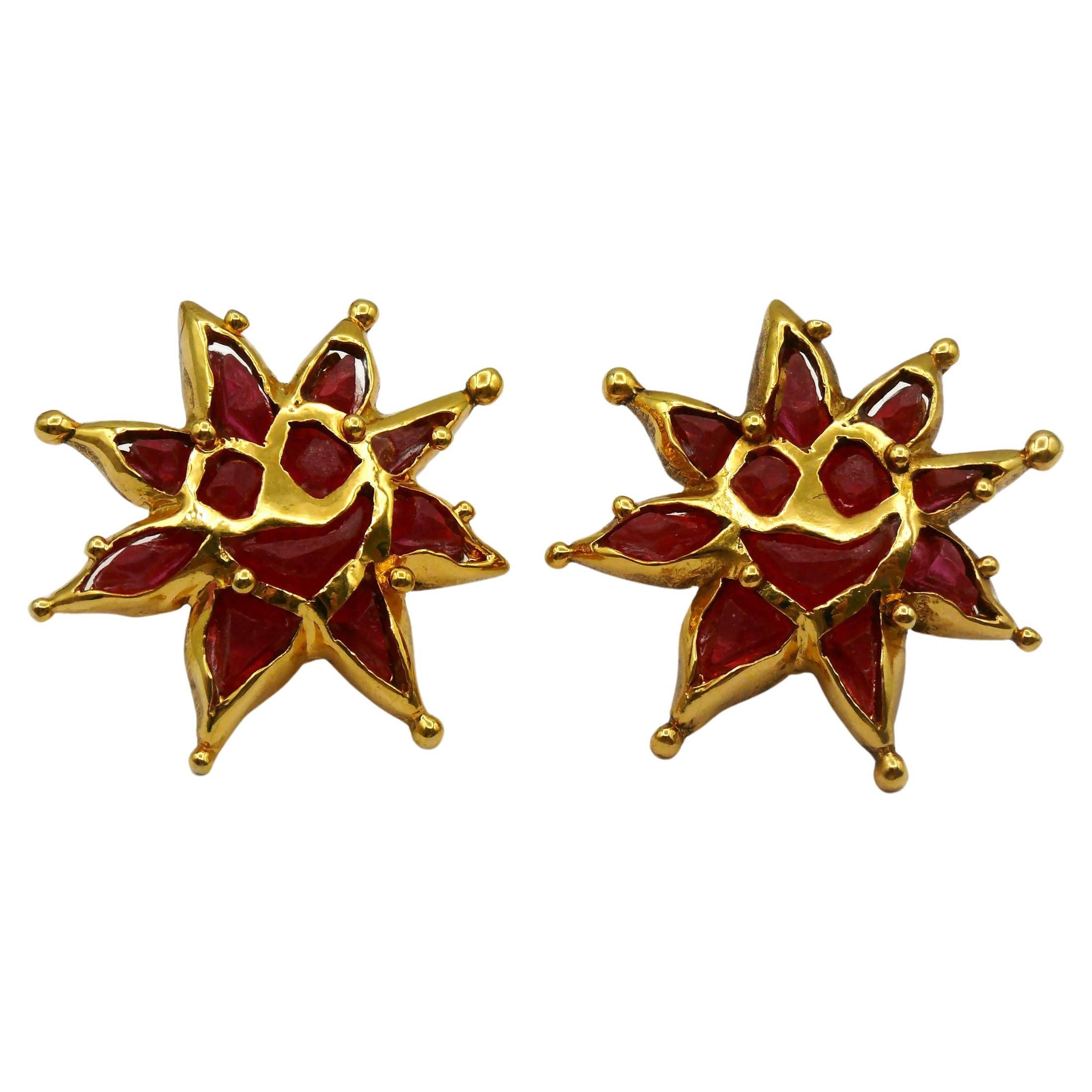 CHRISTIAN LACROIX Vintage Sun Face Red Resin Clip-On Earrings For Sale