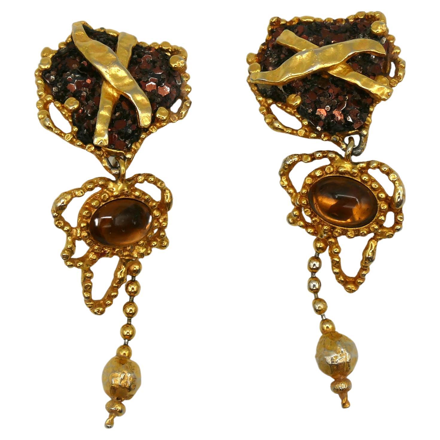 Christian Lacroix Vintage Textured Abstract Heart Dangling Earrings